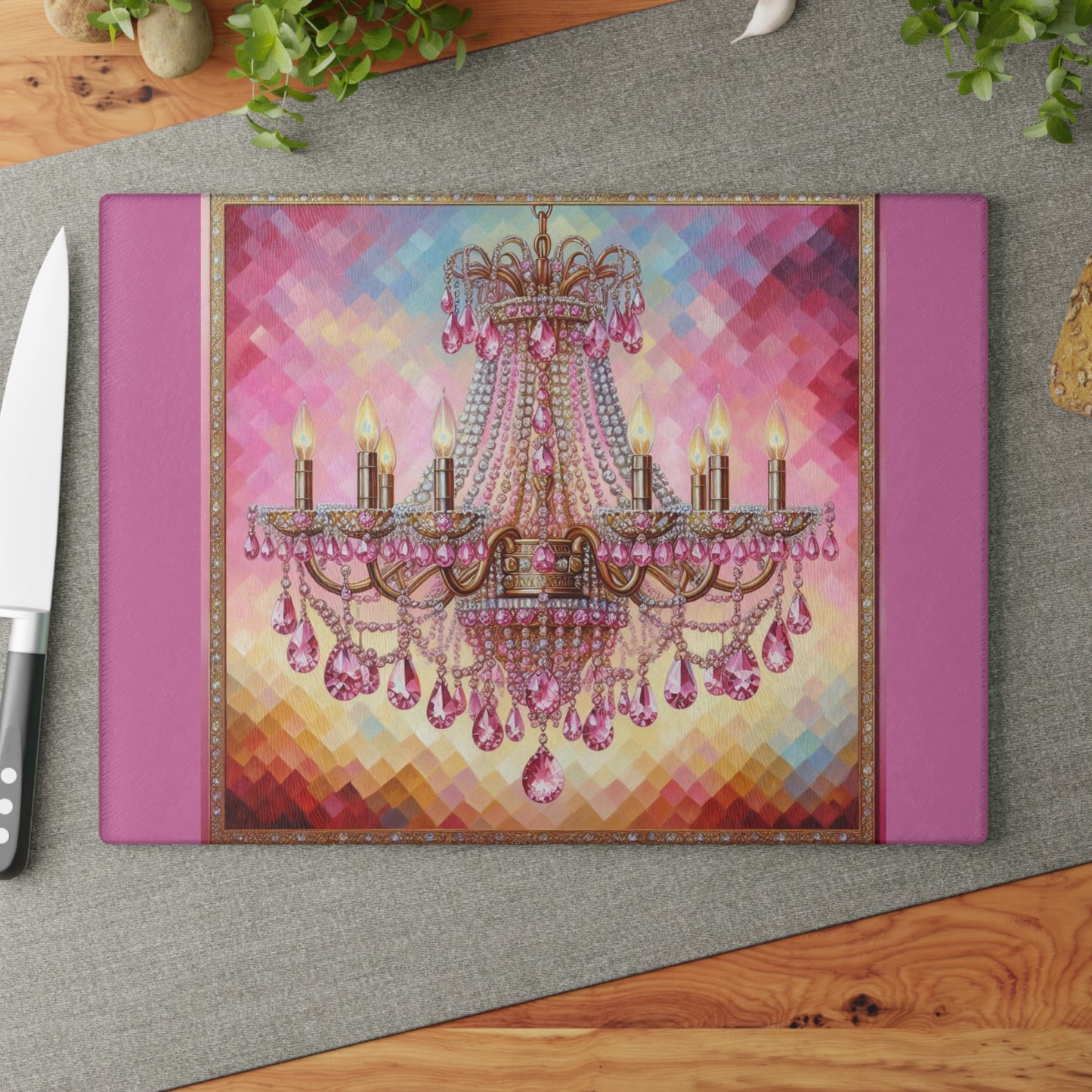 Chic Glass Cutting Board with Elegant Chandelier Design - Kitchen Decor for Entertaining, Housewarming Gift, Wedding - Pink Jeweled Chandelier