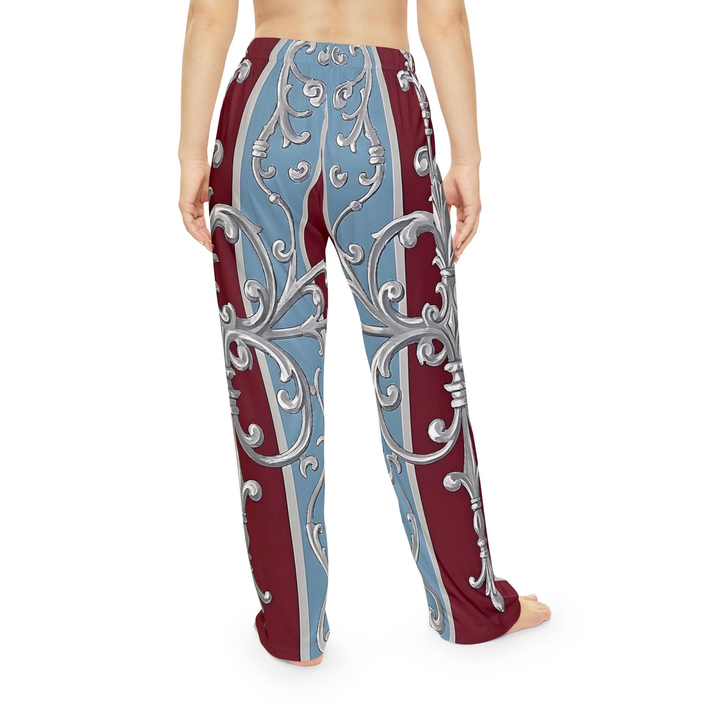Elegant Women's Pajama Pants with Ornate Design - Cozy Comfort for Relaxation - Ice Blue & Burgundy Striped Baroque