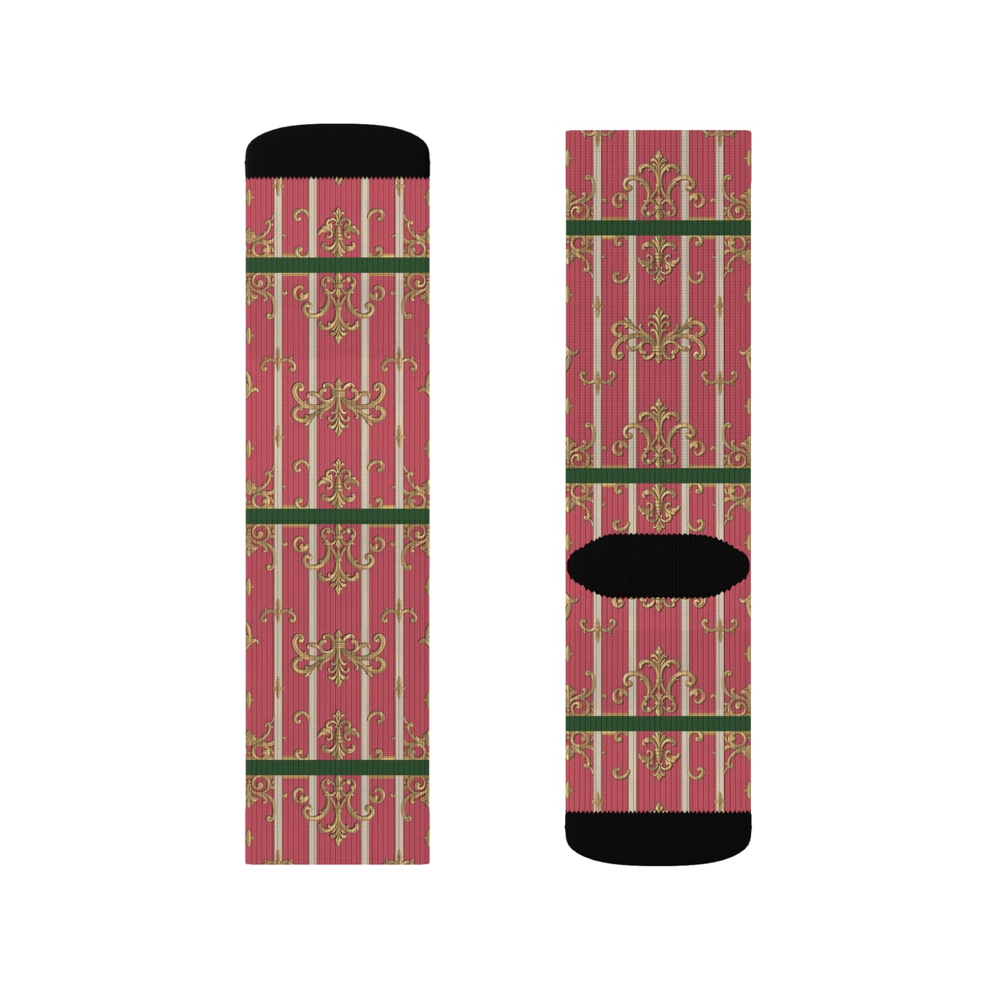 Green Border Pink Striped Baroque Socks, Holiday Gift Socks, Cozy Winter Socks, Christmas Socks, Unique Sublimated Socks