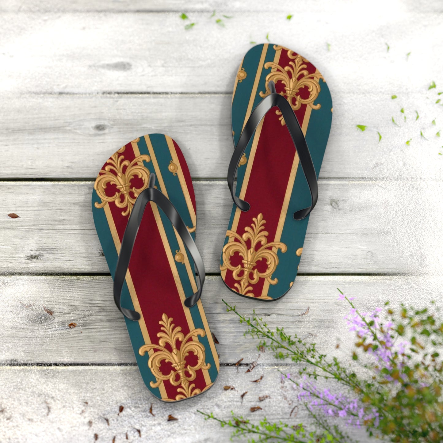 Elegant Floral Pattern Flip Flops, Stylish Beach Footwear, Summer Accessories, Vacation Sandals - Burgundy Striped Gold Baroque