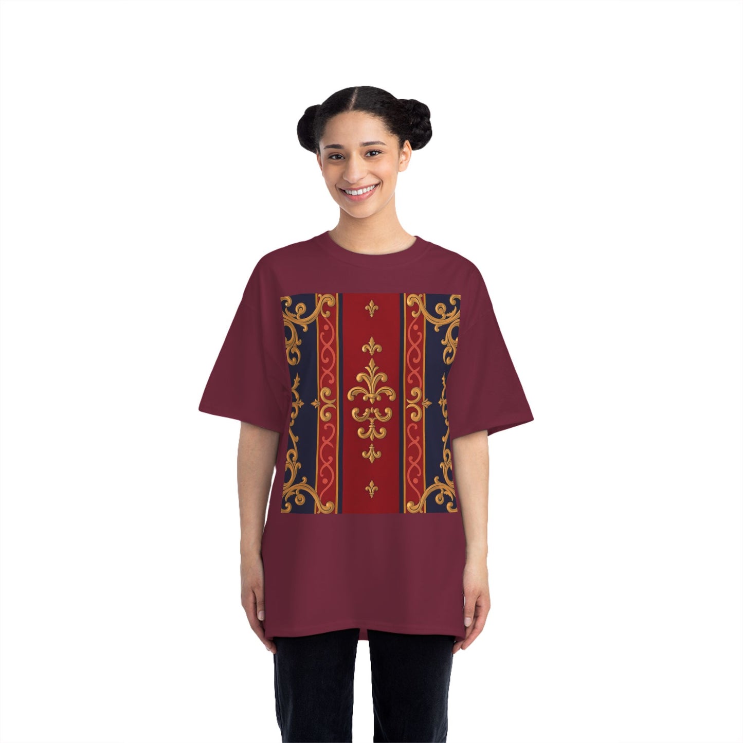 Elegant Patterned Short-Sleeve T-Shirt, Stylish Tee, Vintage Design Top, Casual Wear, Fashionable Gift - Midnight Blue & Dusk Red Gold Baroque