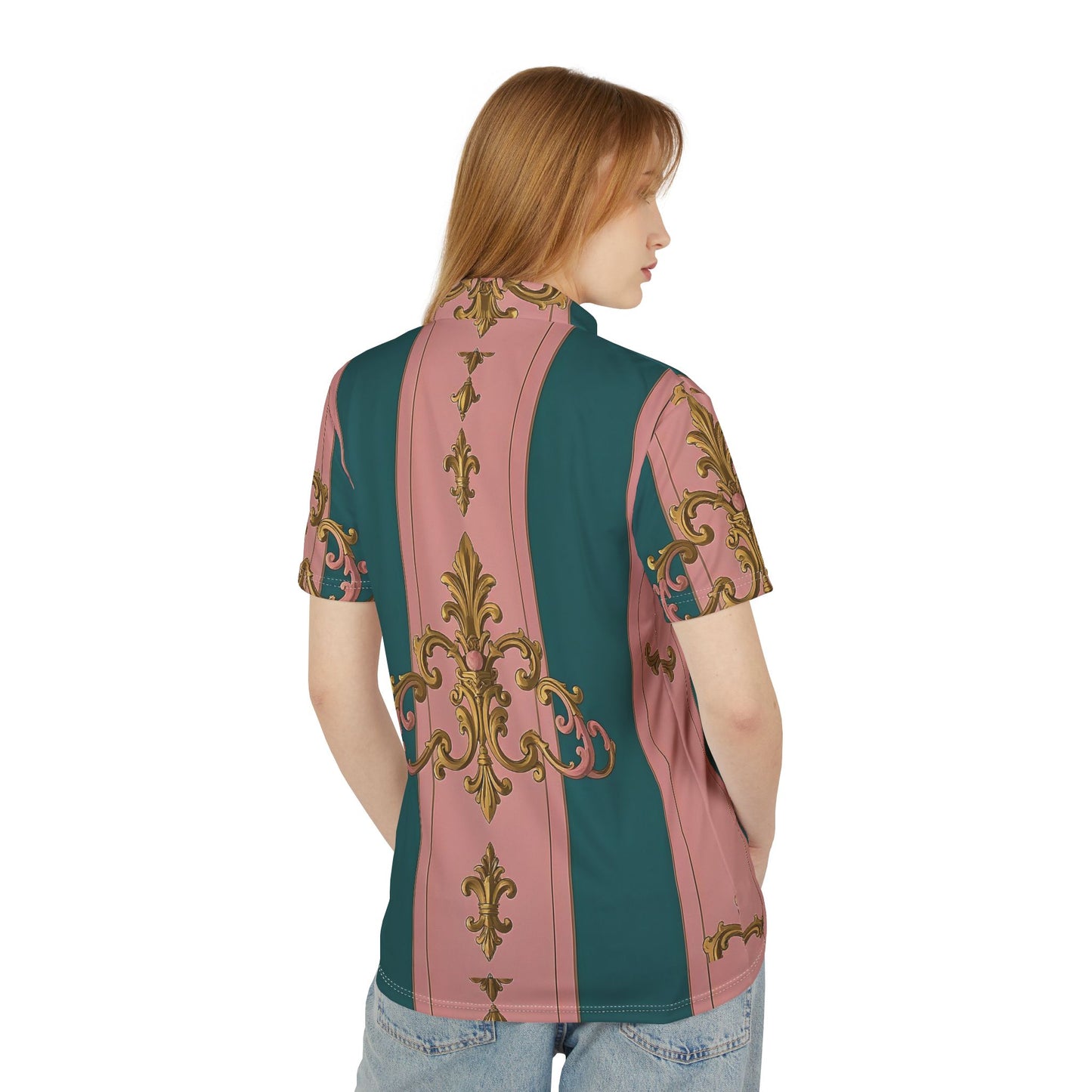 Stylish Unisex Polo Shirt with Elegant Baroque Print | Casual Summer Wear, Mens and Womens Fashion - Pink & Teal Striped Gold Baroque