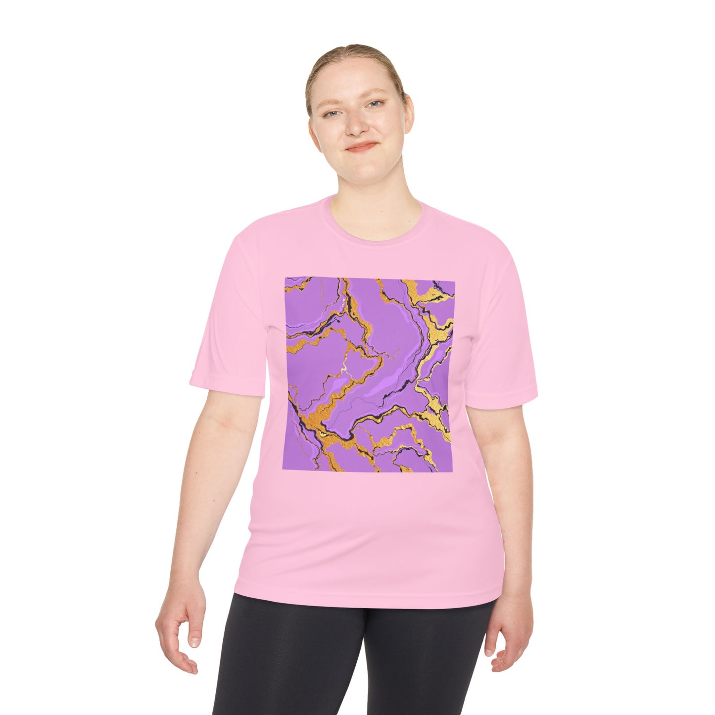 Unisex Moisture-Wicking Tee with Purple and Gold Marble Design - Athletic Shirt, Casual Wear, Fitness Apparel, Summer Style, Gift Idea