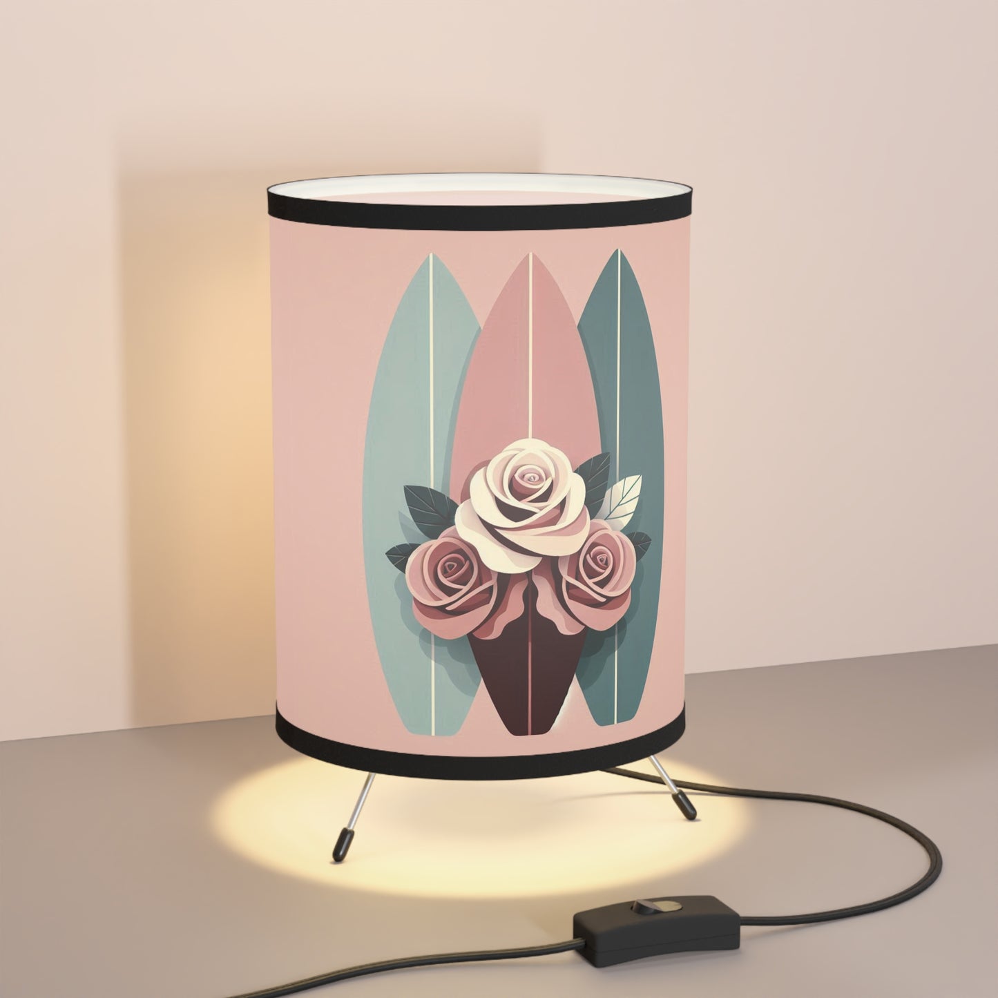 Boho Surf Tripod Lamp with Floral Design - High-Res Printed Shade - Burgundy, Matte Mauve & Teal Surfboard & Roses Design