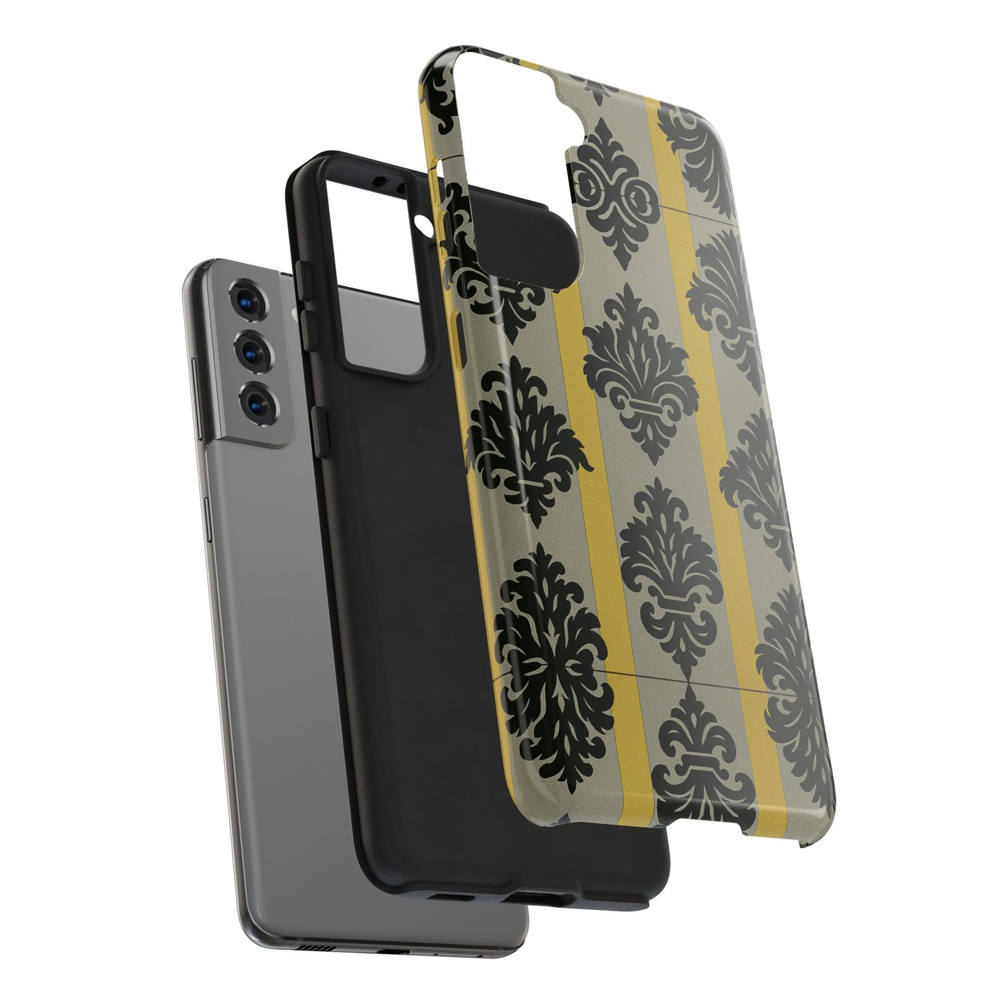 Elegant Baroque Tough Phone Cases | Chic Phone Protection | Gift for Her | Stylish Accessory | Holiday Gift Idea | Silver & Gold Striped Black Baroque