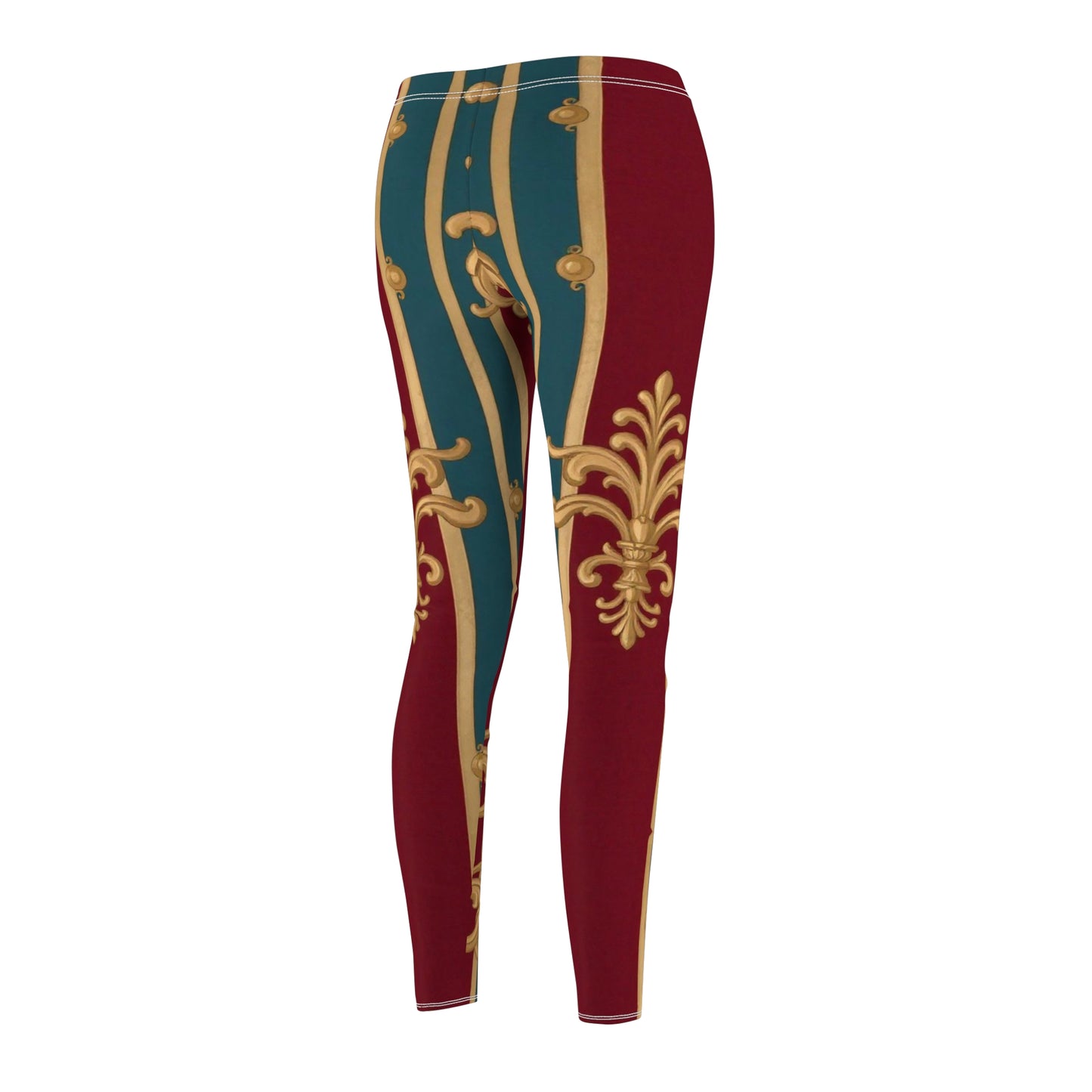 Elegant Women's Leggings with Rich Patterns, Stylish Activewear, Vintage Inspired Leggings - Burgundy Striped Gold Baroque