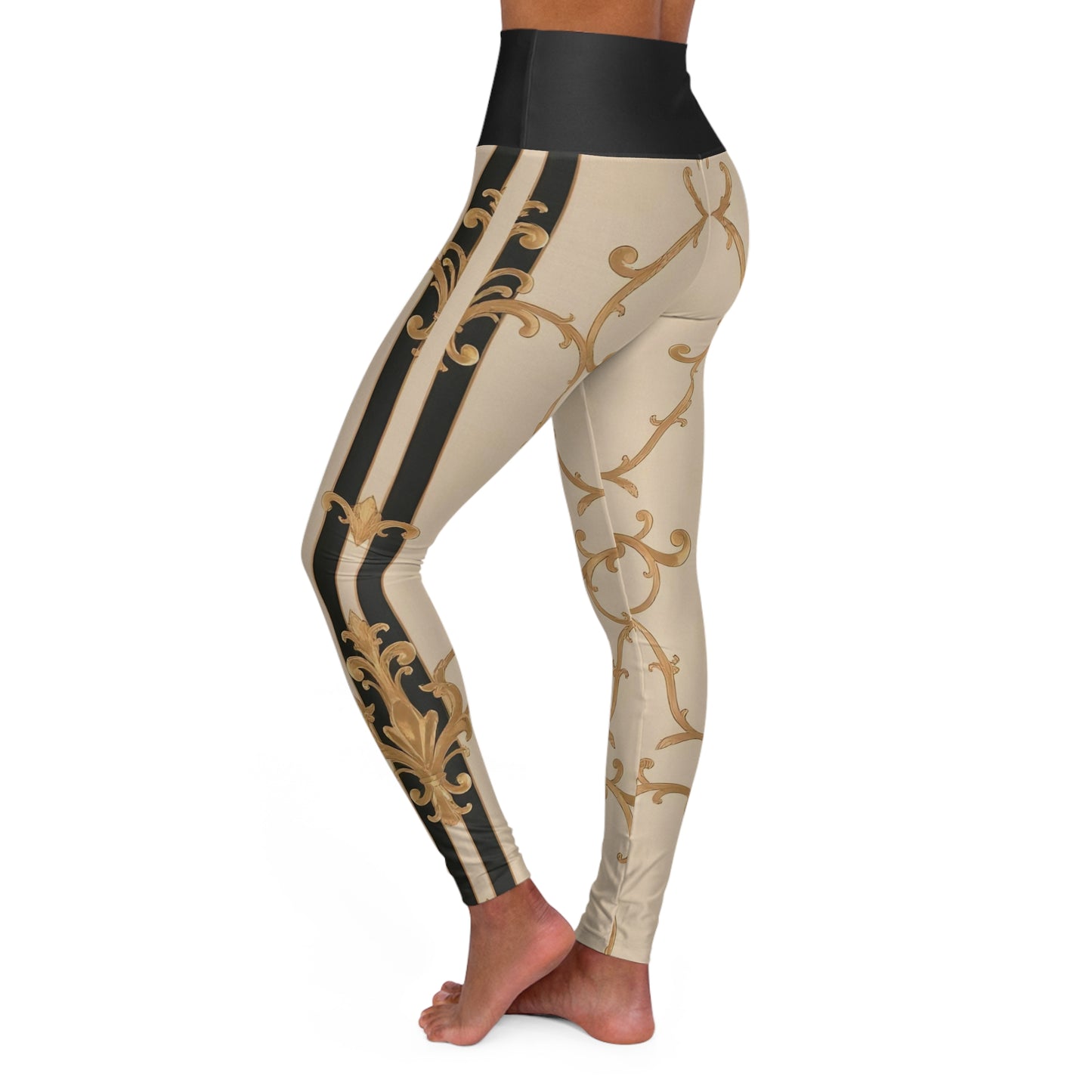 Elegant High Waisted Yoga Leggings, Floral Fitness Leggings, Workout Apparel, Exercise Pants - Black & Beige Striped Damask