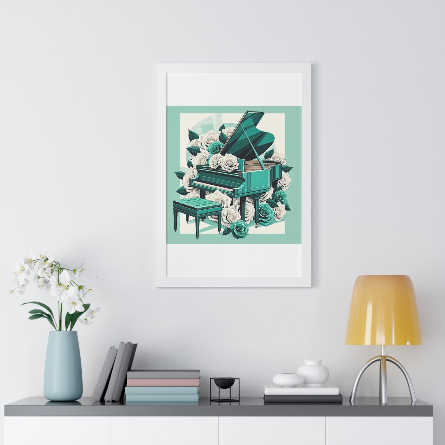 Vertical Poster - Aqua Grand Piano & Roses Wall Art