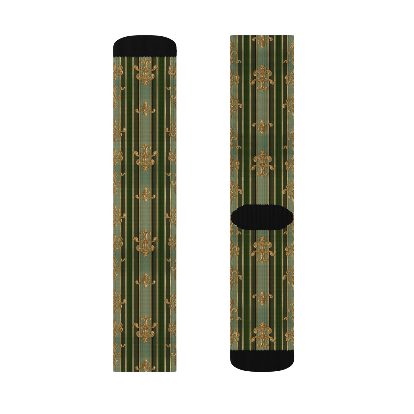 Stylish Floral Sublimation Socks | Unique Gift for Fashion Lovers, Comfortable Daily Wear - Green Striped Gold Baroque