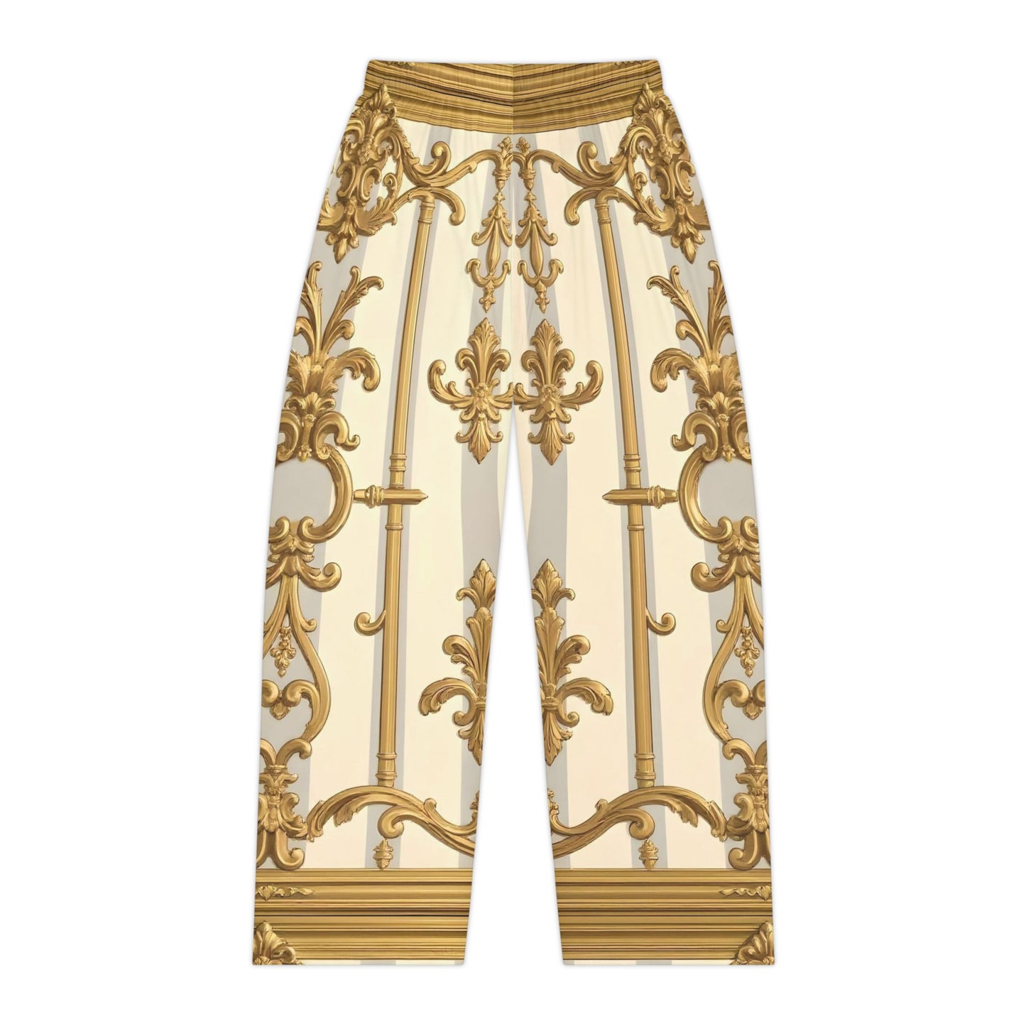 Elegant Women's Pajama Pants, Luxe Loungewear, Golden Ornate Design, Cozy Sleepwear - Matte Gray & Cream Striped Gold Baroque