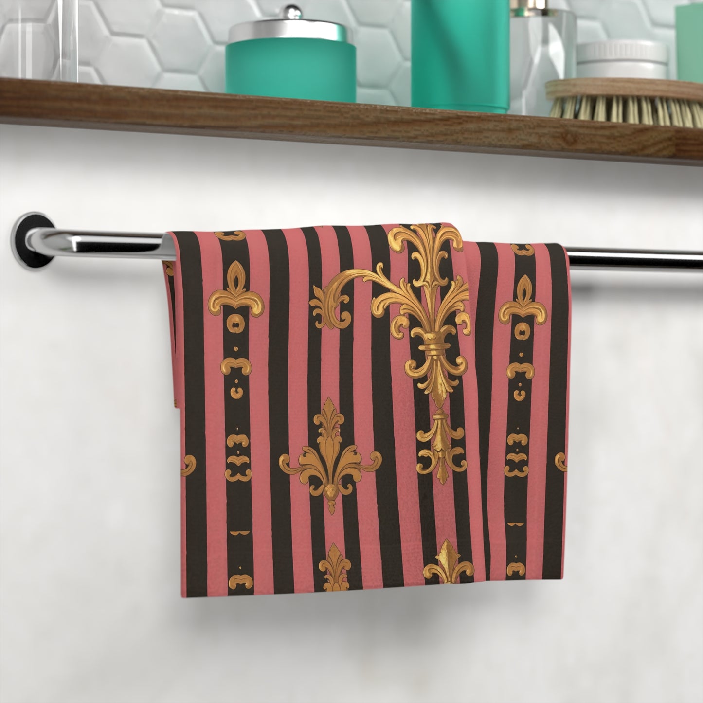 Elegant Vintage Face Towel – Luxurious Gold Pattern for Home & Spa - Mauve Striped Gold Damask