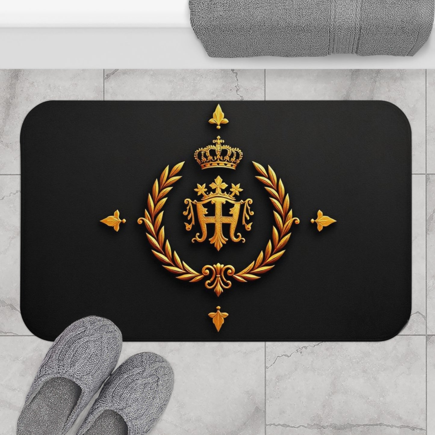 Luxurious Black Bath Mat with Crown Design, Elegant Bathroom Decor, Stylish Home Essentials, Spa Gift, Anniversary Present - Gold Crest