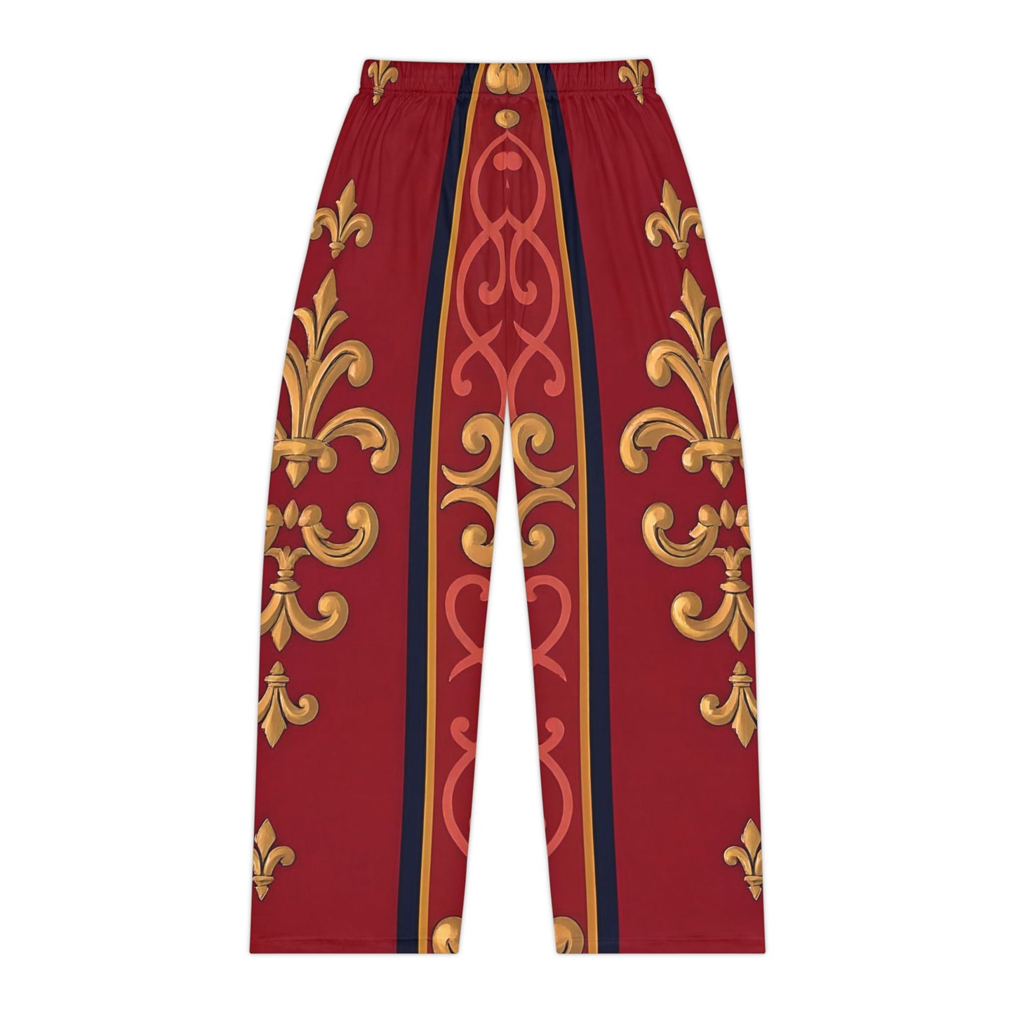 Elegant Women's Pajama Pants with Ornate Design, Cozy Sleepwear, Luxurious Loungewear - Midnight Blue & Dusk Red Gold Baroque