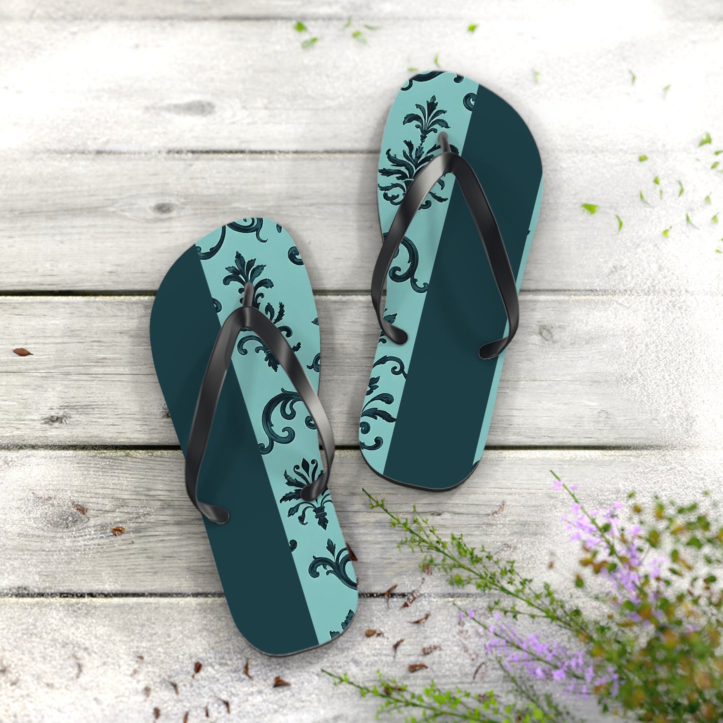 Chic Vintage-Inspired Flip Flops | Summer Footwear, Beach Essentials, Stylish Sandals, Vacation Ready, Gift for Her - Teal Striped Rococo