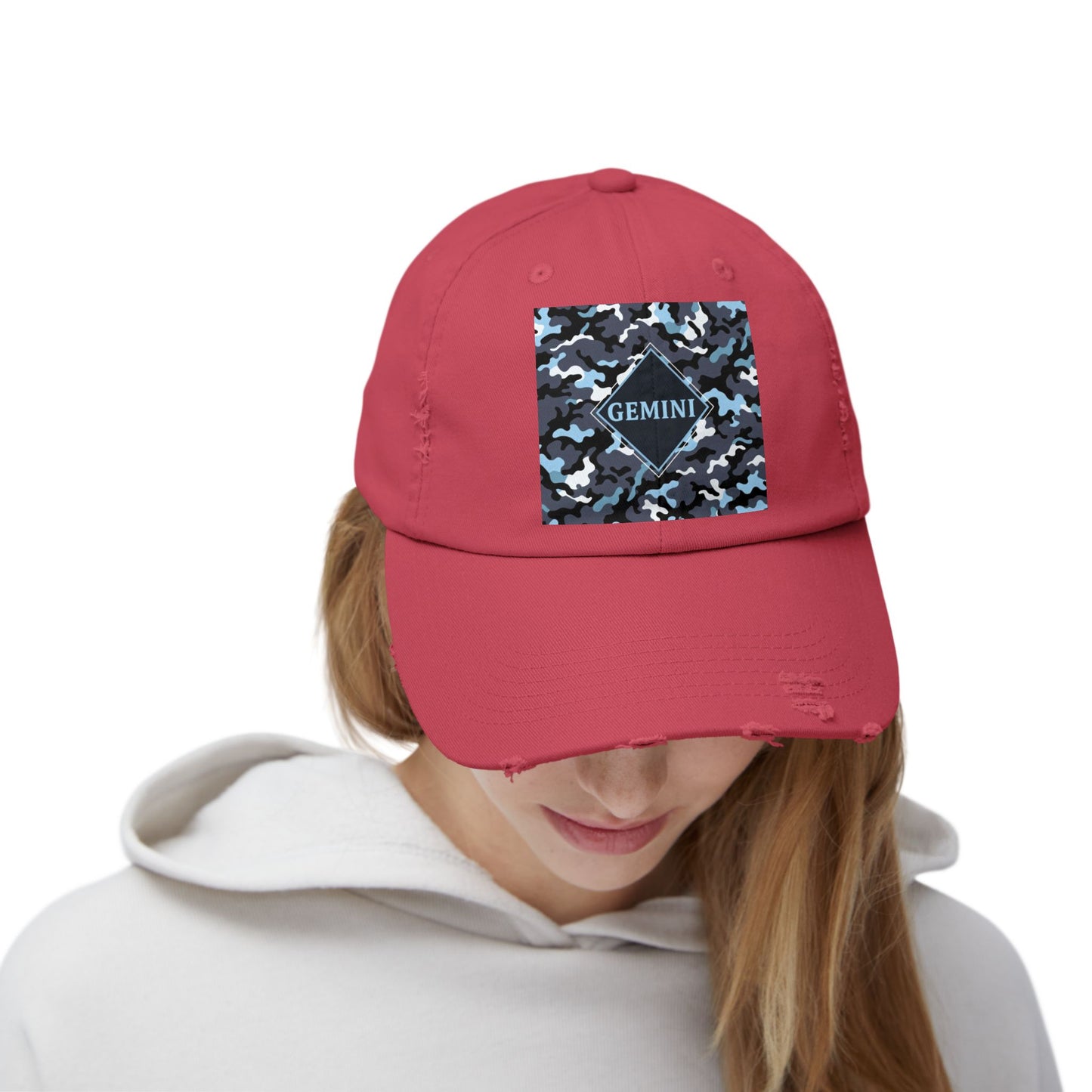 Gemini Distressed Cap - Unisex Camo Design - Black, Grey & Ice Blue