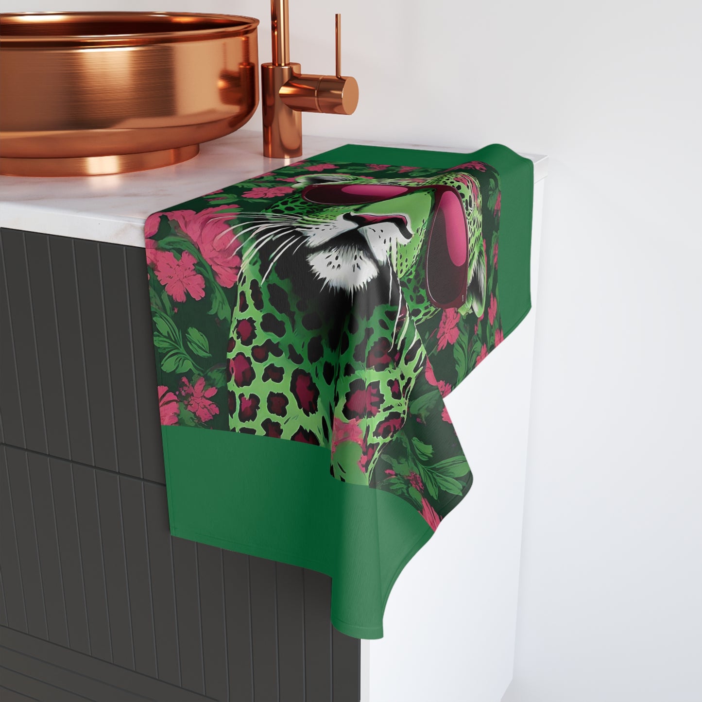 Hand Towel - Luxurious Ornate Elegant Lime Green & Burgundy Leopard In Sunglasses Design - Elegant Home Décor