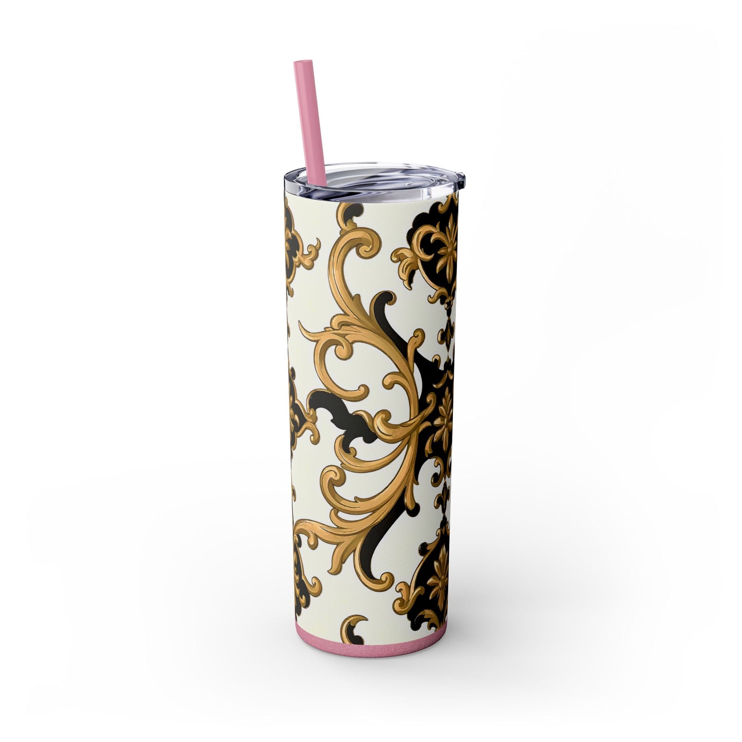 Elegant Gold Floral Skinny Tumbler, 20oz | Insulated Cup for Hot & Cold Drinks, Travel Mug, Gift for Mom, Stylish Drinkware - Black & Gold Rococo