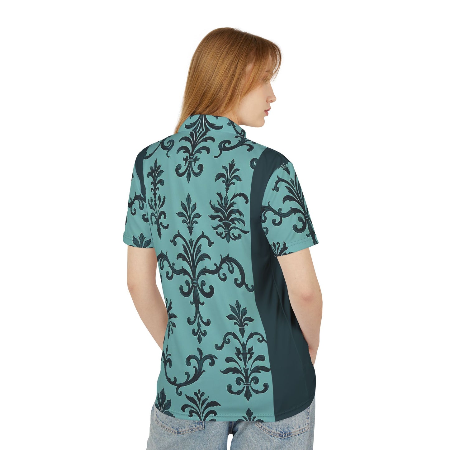Elegant Damask Print Unisex Polo Shirt, Stylish Casual Wear, Gift for Men and Women, Fashionable Everyday Polo - Teal Striped Rococo