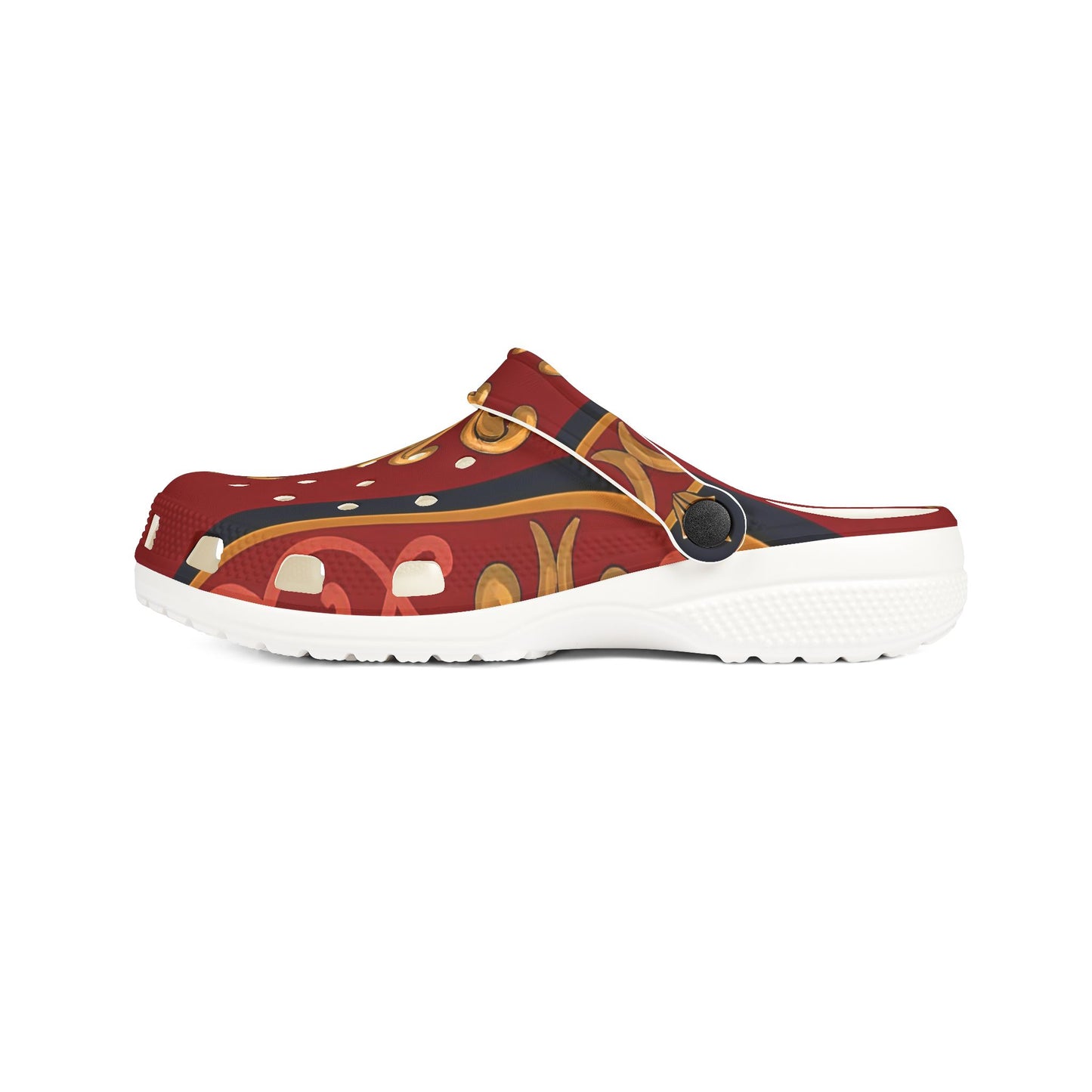 Elegant All-Over Print EVA Foam Clogs for Comfort and Style, Slip-On Shoes, Fashion Footwear - Midnight Blue & Dusk Red Gold Baroque