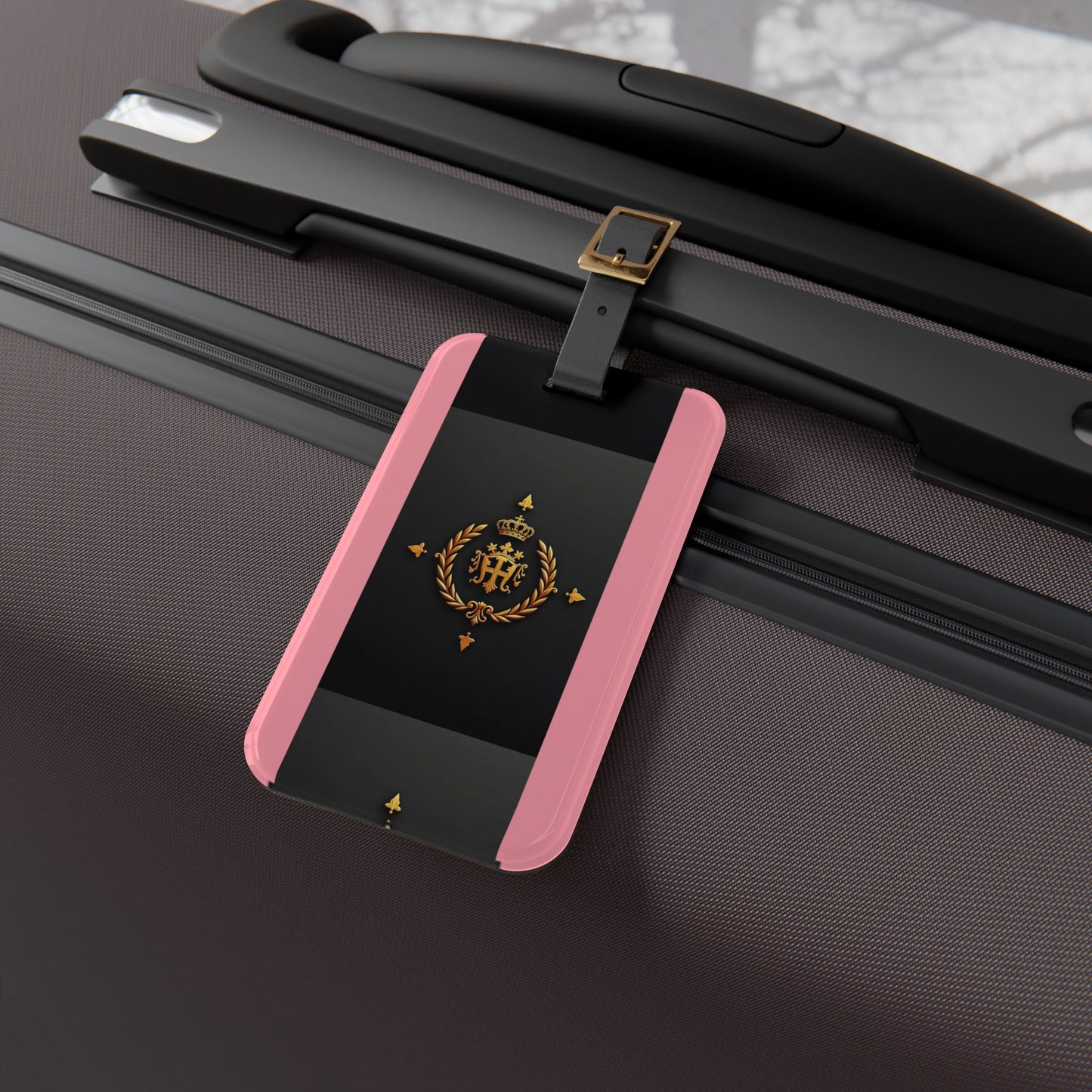 Elegant Travel Luggage Tag, Personalized Baggage Identifier, Stylish Suitcase Accessory, Ideal Gift for Travelers - Pink Striped Gold Crest