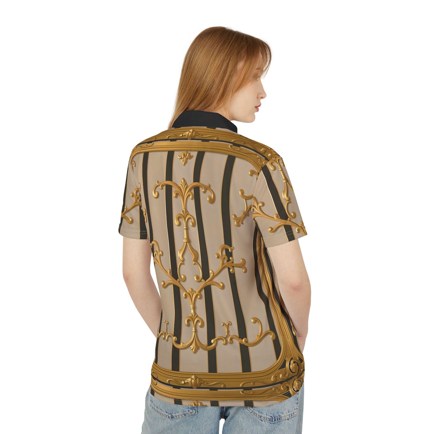 Chic Gold-Patterned Unisex Polo Shirt, Luxury Fashion, Casual Wear, Summer Events - Beige Striped Gold Rococo