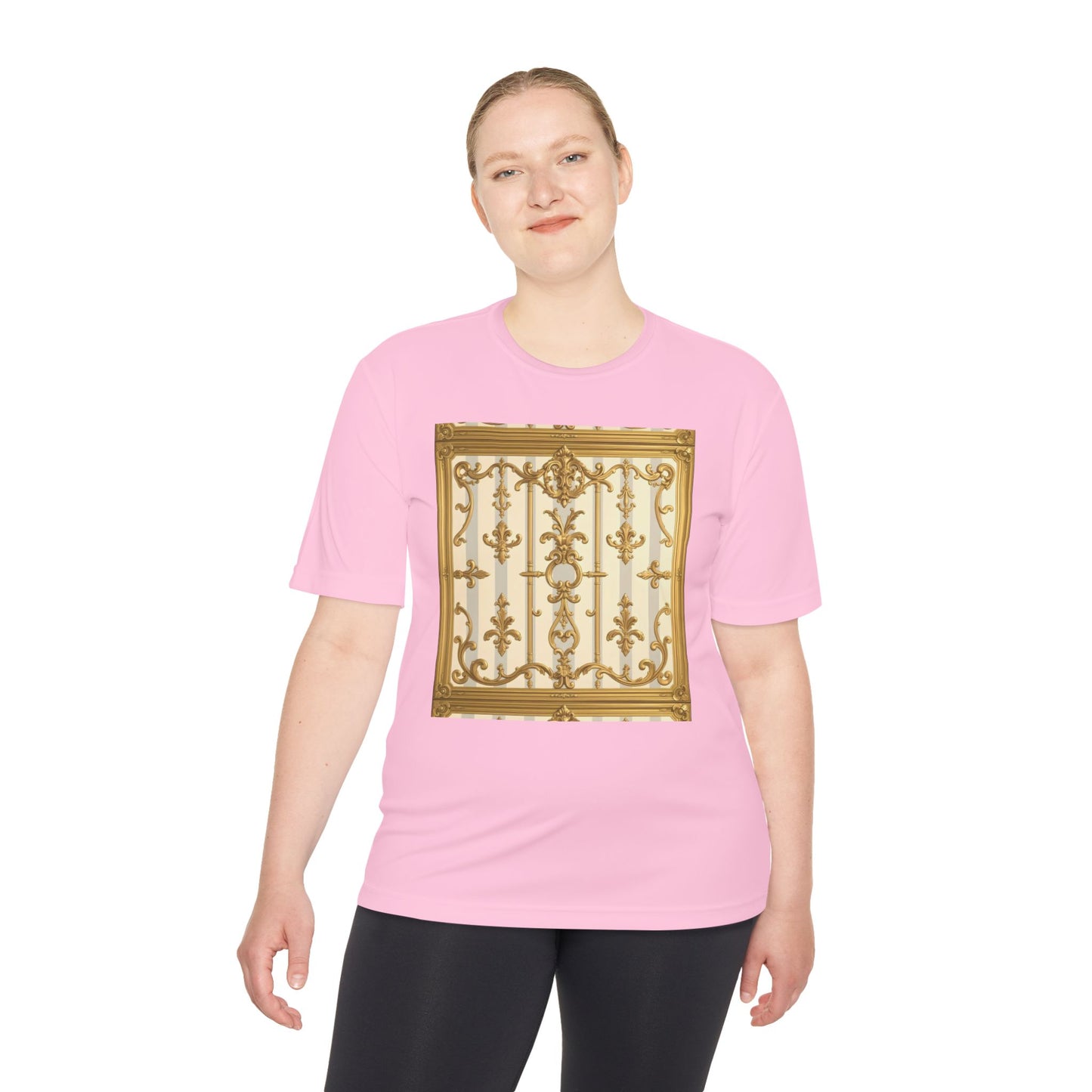 Elegant Gold Unisex Moisture Wicking Tee, Fashion Tee, Workout Shirt, Summer Style - Matte Gray & Cream Striped Gold Baroque