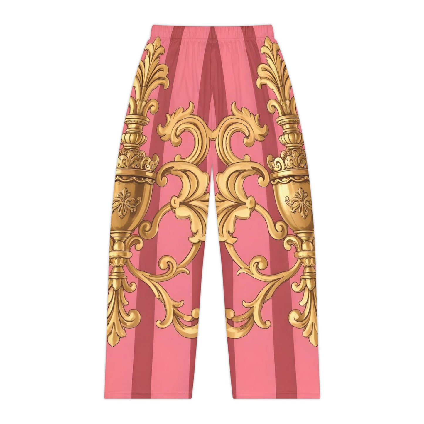 Elegant Women's Pajama Pants, Luxe Loungewear for Relaxation, Perfect Gift for Birthdays, Anniversaries - Pink Striped Gold Baroque