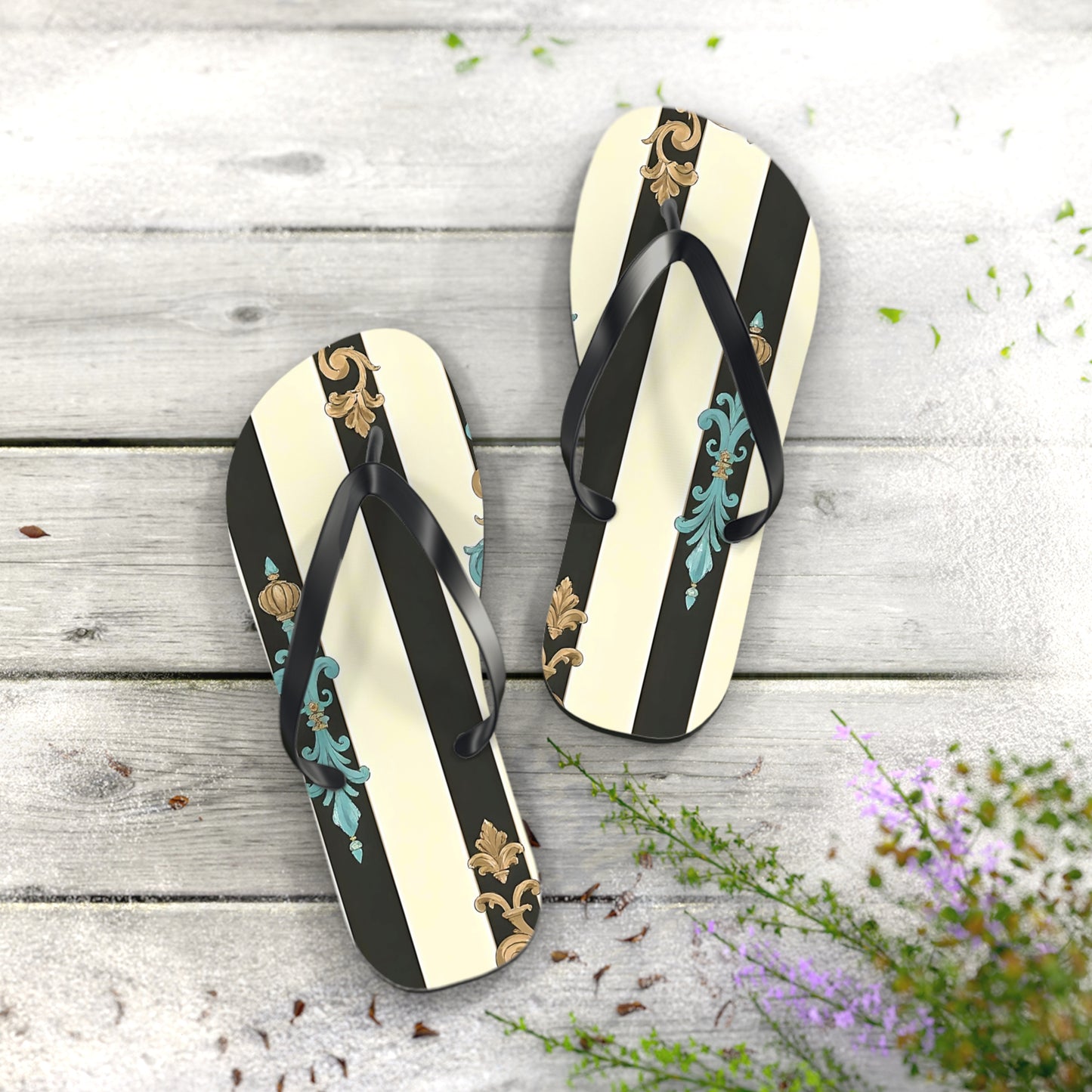 Stylish Flip Flops | Beach Sandals, Summer Footwear, Vacation Getaway, Casual Summer Style - Black Striped Turquoise & Black Rococo