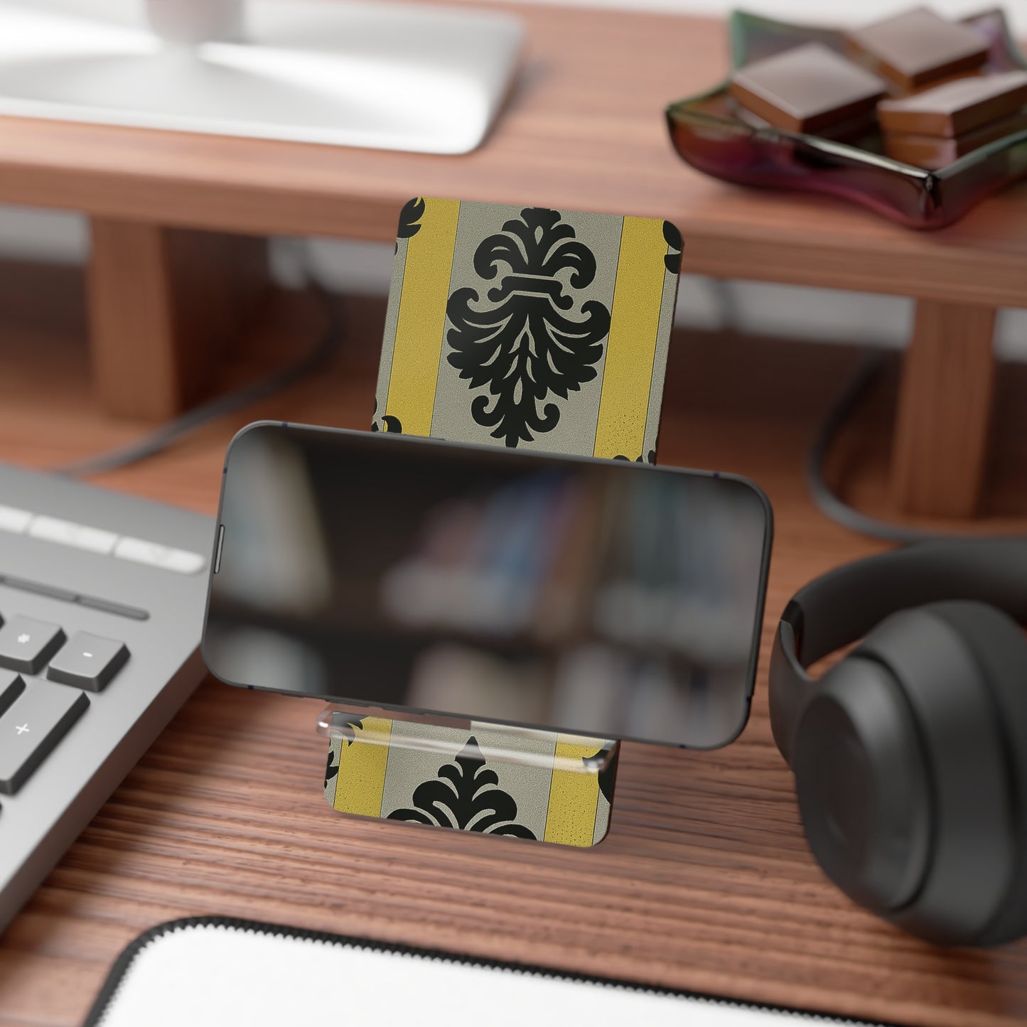 Elegant Mobile Display Stand – Stylish Smartphone Holder, Desk Organizer, Gift for Tech Lovers, Home Decor - Silver & Gold Striped Black Baroque