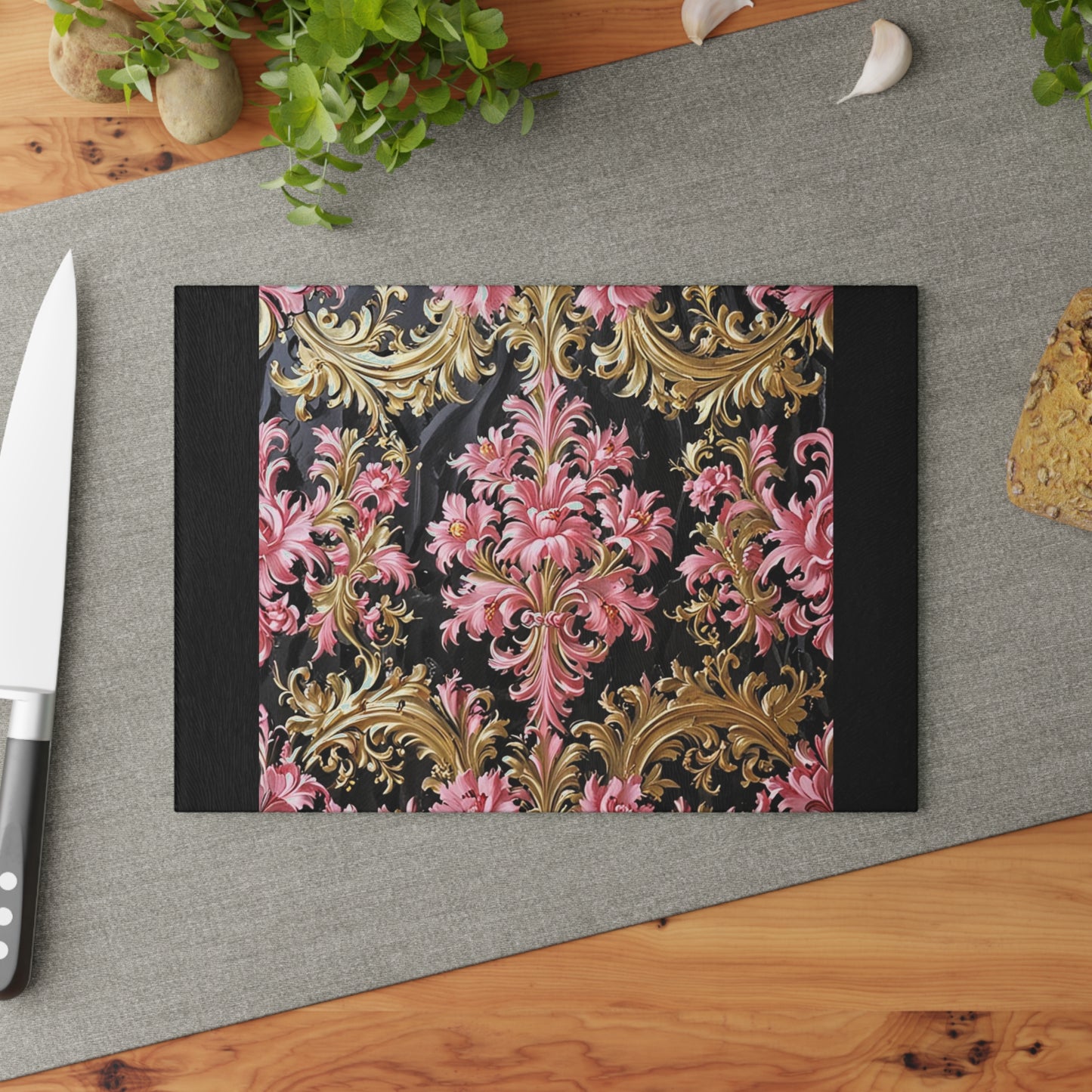 Elegant Floral Glass Cutting Board, Kitchen Decor, Decorative Cutting Board, Gift for Cooks, Wedding Gift - Black & Pink Oil Painting Style Rococo