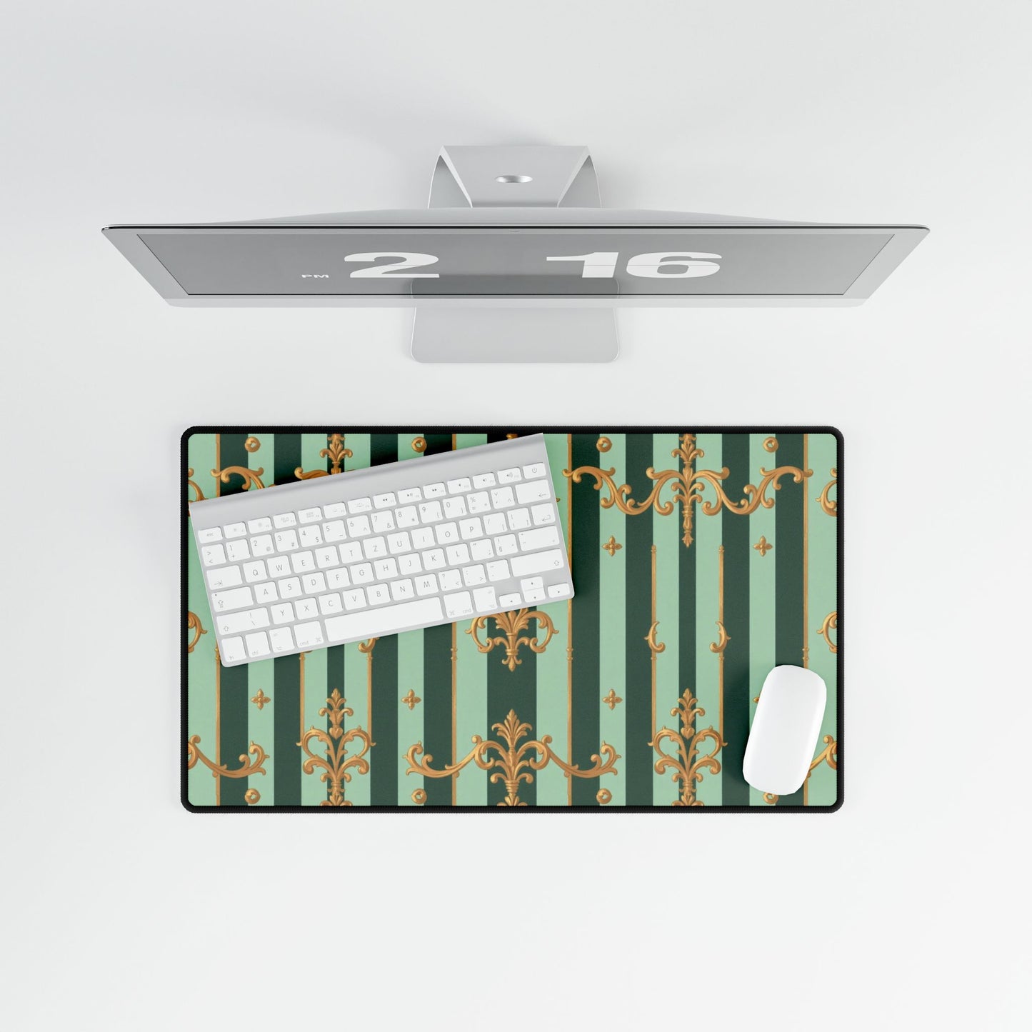 Elegant Office Desk Mats, Decorative Desk Accessories, Home Office Decor, Stylish Mouse Pads - Mint Green & Teal Striped Gold Baroque