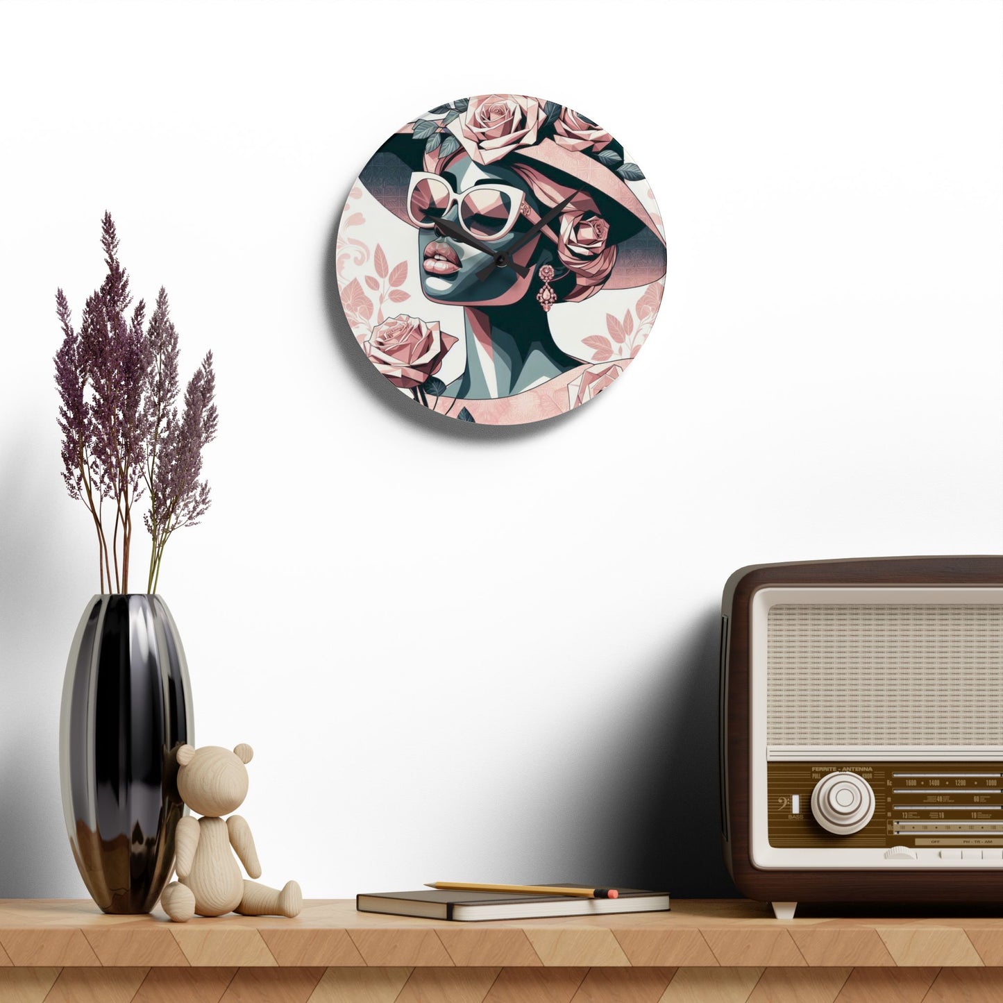 Elegant Floral Acrylic Wall Clock | Home Decor, Living Room Accent, Gift for Her, Art Clock, Modern Design - Pink & Matte Teal Lady