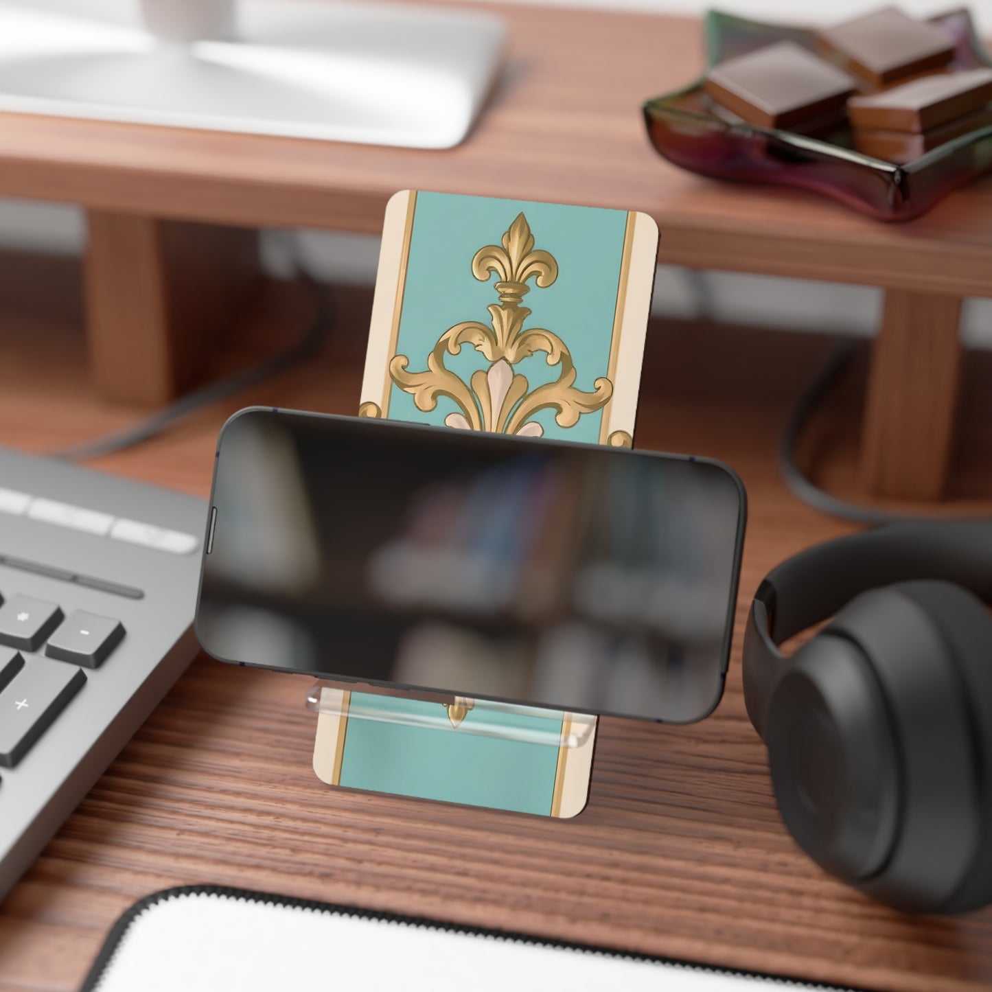 Elegant Floral Smartphone Display Stand - Matte Turquoise Striped Damask - Decorative Mobile Holder