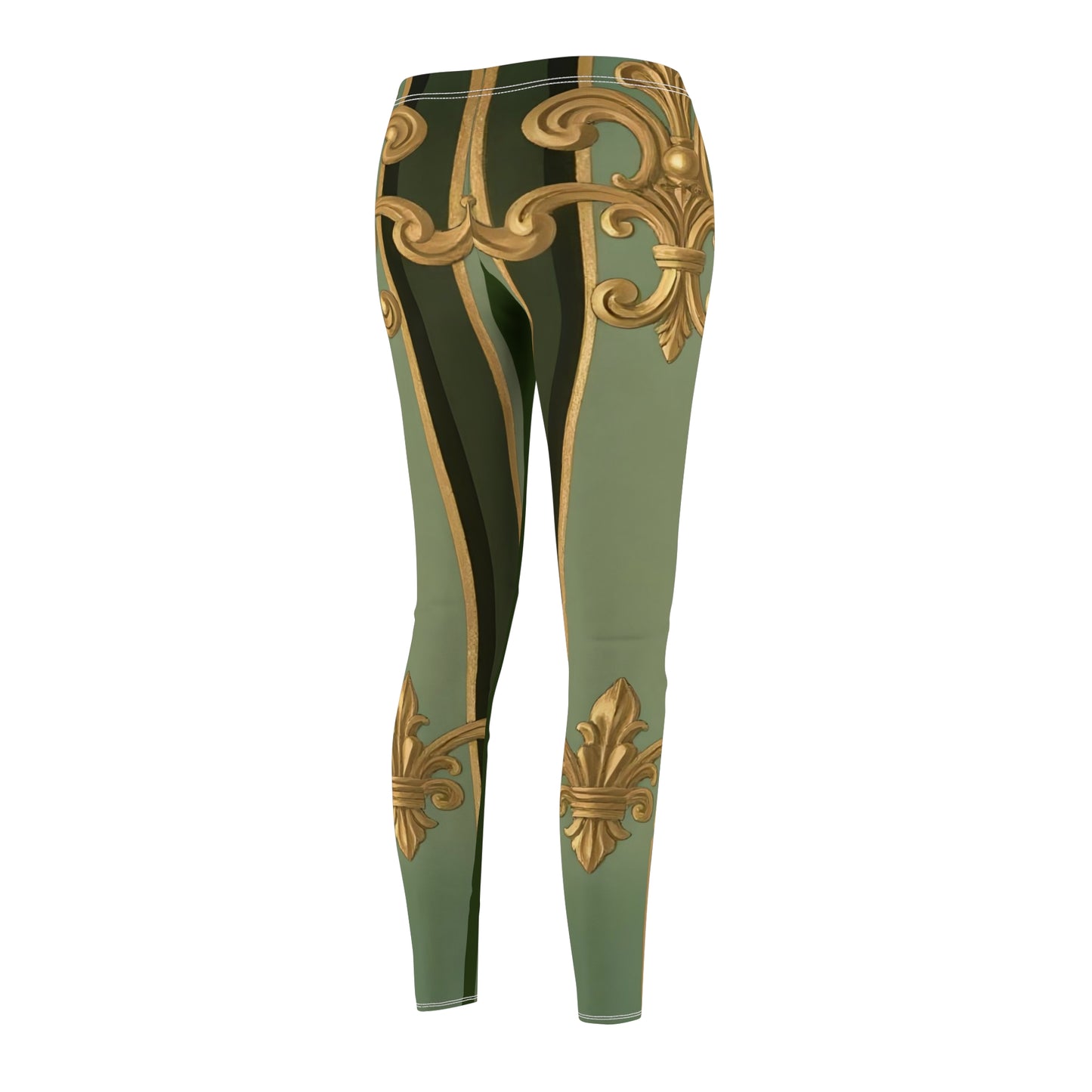 Elegant Women's Leggings with Gold Design, Casual Leggings, Fashion Leggings, Unique Workout Pants - Green Striped Gold Baroque