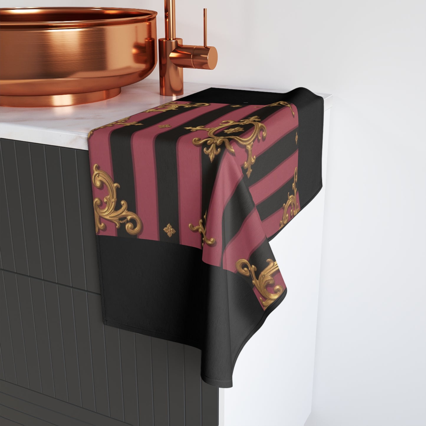 Elegant Black & Mauve Striped Gold Baroque Hand Towel, Shower Gift, Bathroom Decor, Home Textile, Unique Kitchen Towel