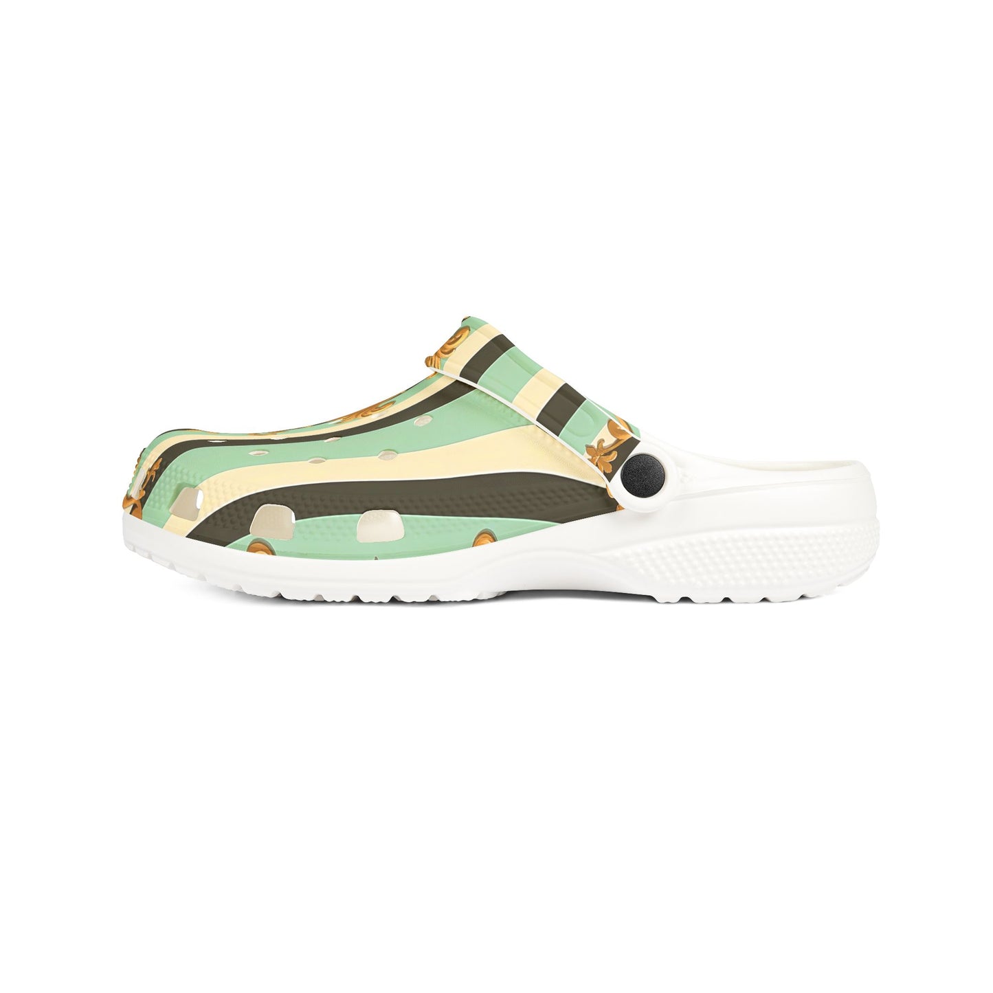 Stylish EVA Foam Rubber Shoes - Unique Printed Clogs for Comfort, Summer Footwear, Garden Use - Black & Matte Mint Striped Rococo