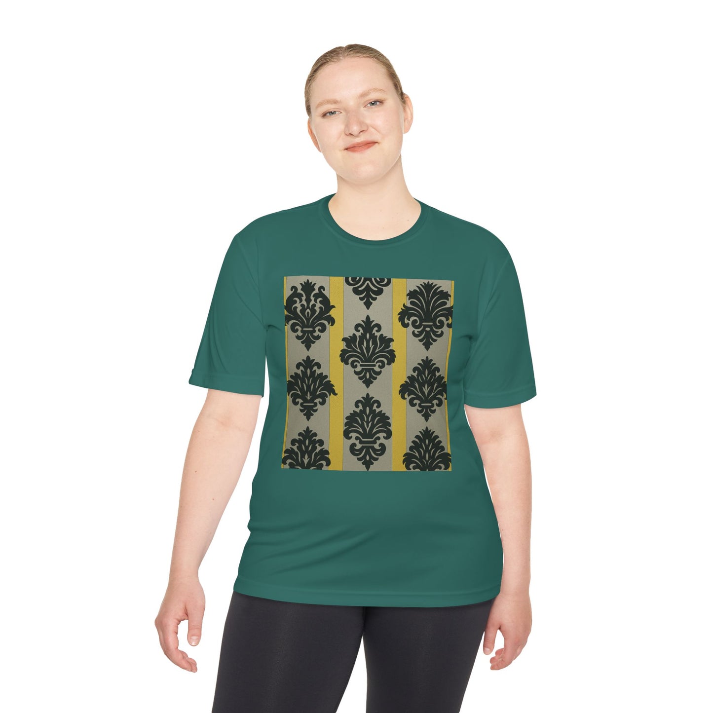 Elegant Patterned Unisex Moisture Wicking Tee, Activewear, Casual Tee, Gift for Him/Her, Stylish Sportswear - Silver & Gold Striped Black Baroque