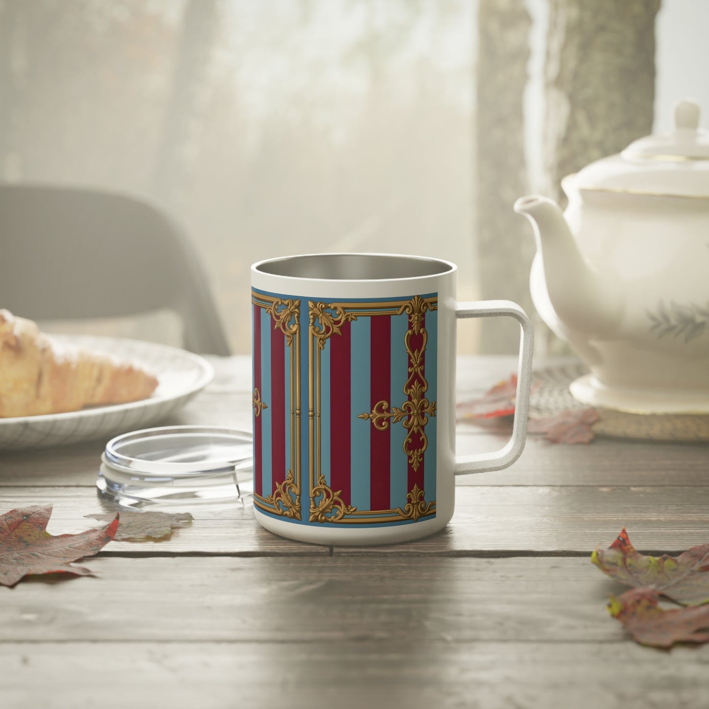 Elegant Insulated Coffee Mug, 10oz - Vintage Design for Coffee Lovers, Perfect Gift for Birthdays - Sky Blue & Maroon Striped Baroque