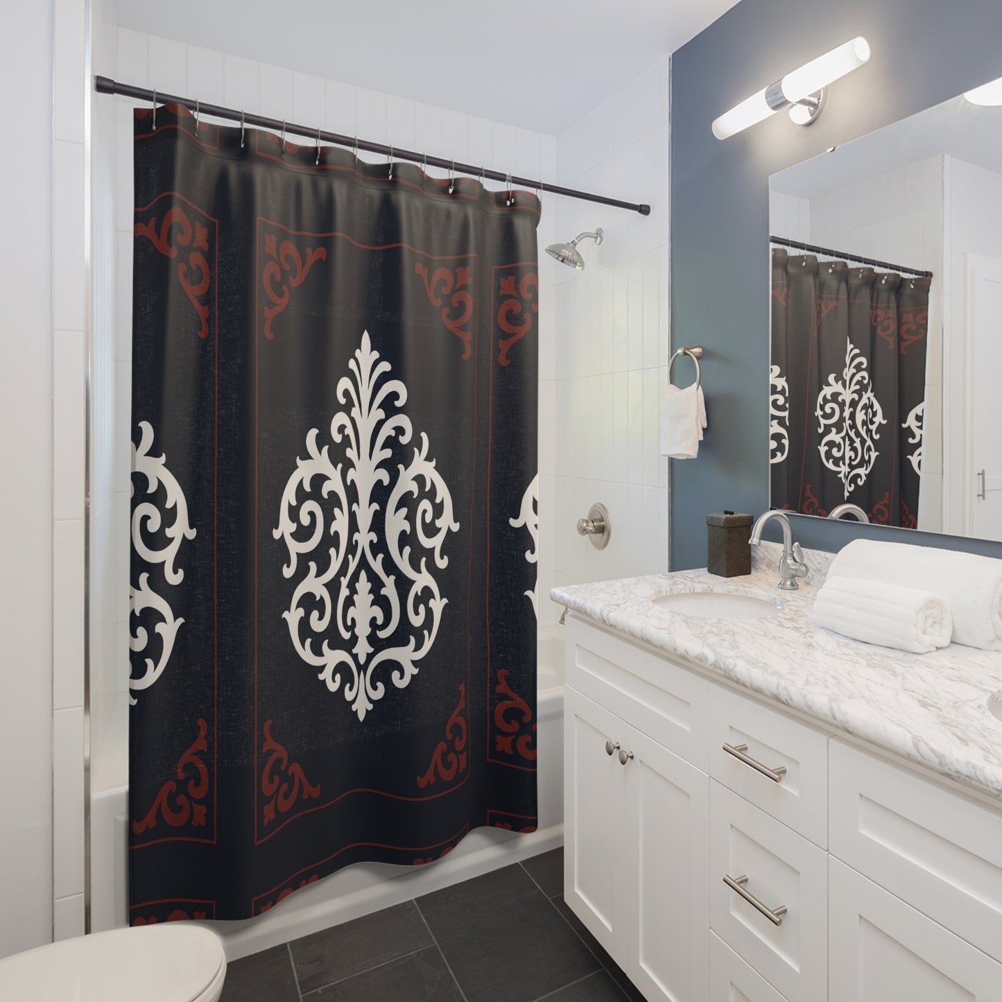 Dusk Blue-Maroon & White Baroque Shower Curtain — Elegant Dusk Blue & White Classic Bathroom Decor