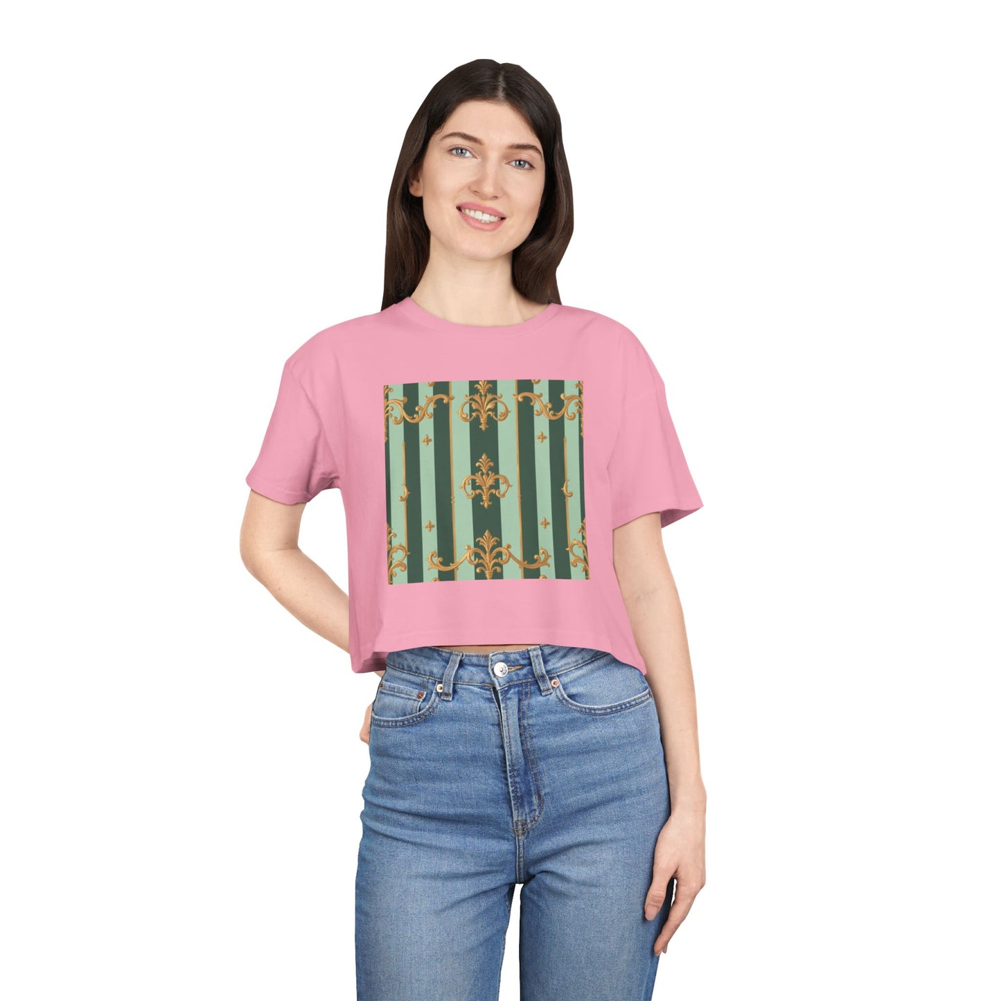 Chic Women's Crop Tee with Elegant Patterns, Fashion Top, Summer Style, Trendy Outfit, Gift for Her - Mint Green & Teal Striped Gold Baroque