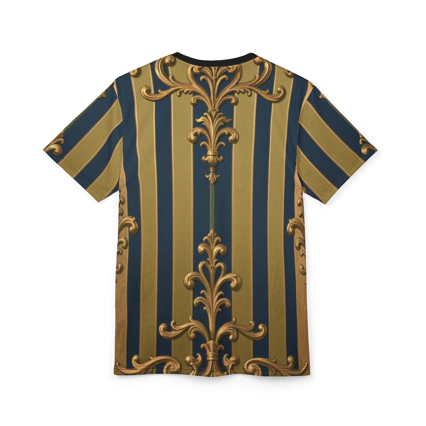 Elegant Midnight Blue & Olive Striped Gold Baroque Unisex Tee, Trendy Fashion Top, Artistic Casual Shirt, Unique Graphic Tee, Gift for Art Lovers