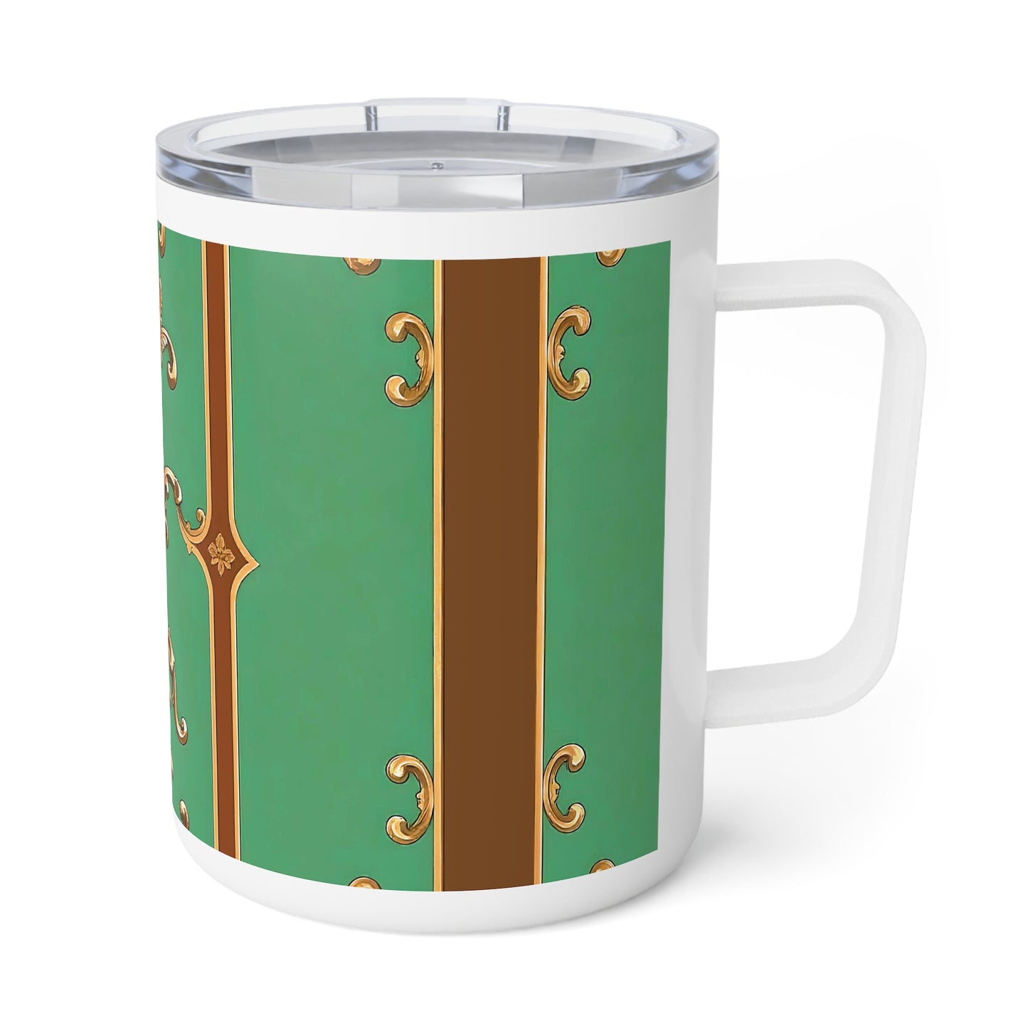 Elegant Vintage Insulated Coffee Mug - 10oz Green & Gold Design - Rust & Green Striped Baroque