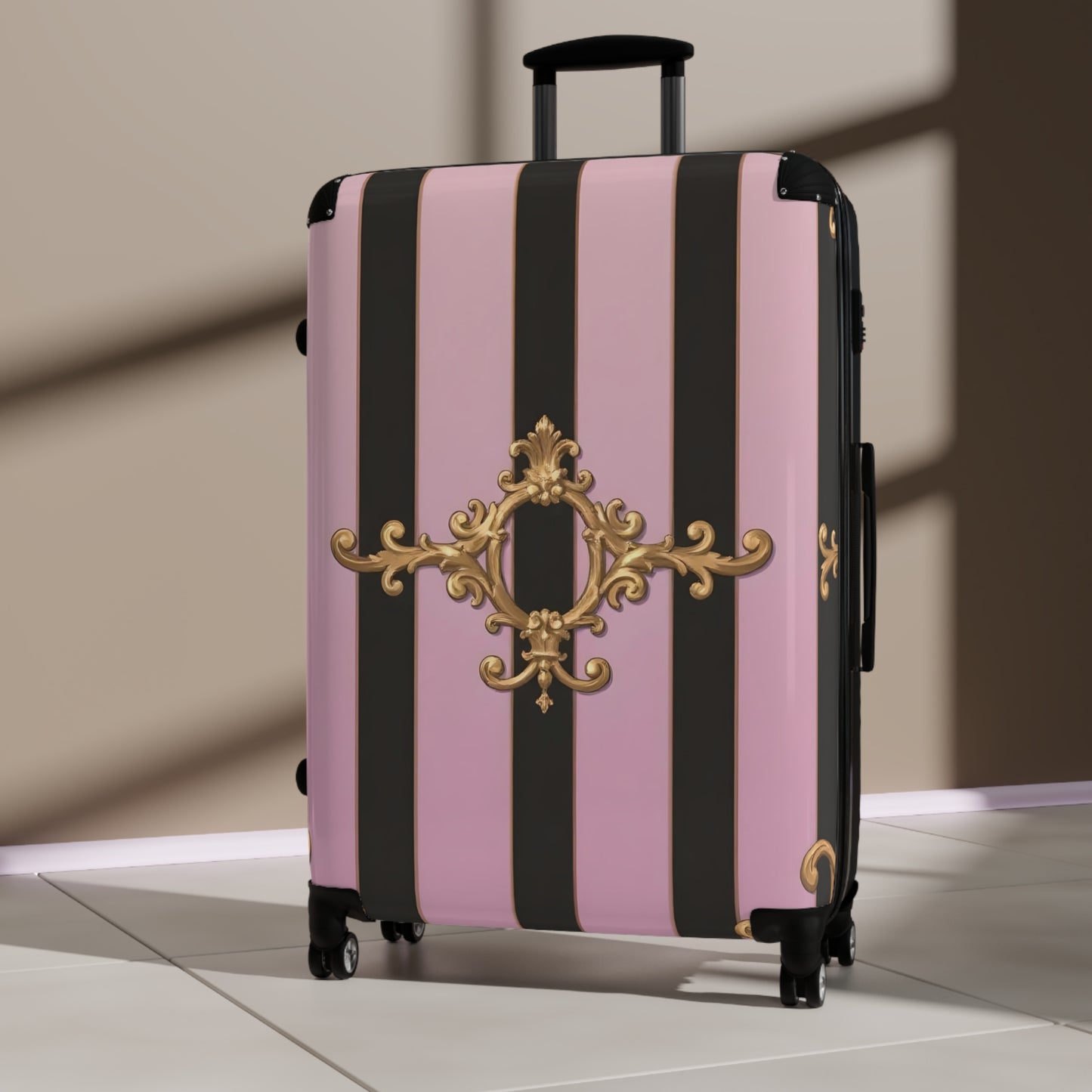 Chic Travel Suitcase with Stripes and Elegant Design, Stylish Luggage, Travel Gear - Matte Lavender & Black Striped Gold Baroque