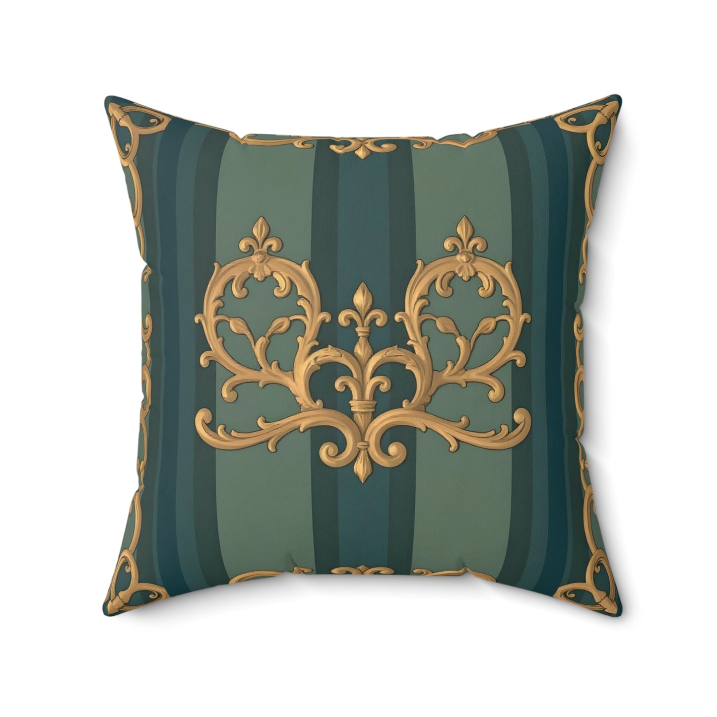 Luxurious Ornate Faux Suede Pillow | Decorative Square Cushion, Elegant Home Decor, Couch Accent - Smoky Blue & Teal Striped Baroque