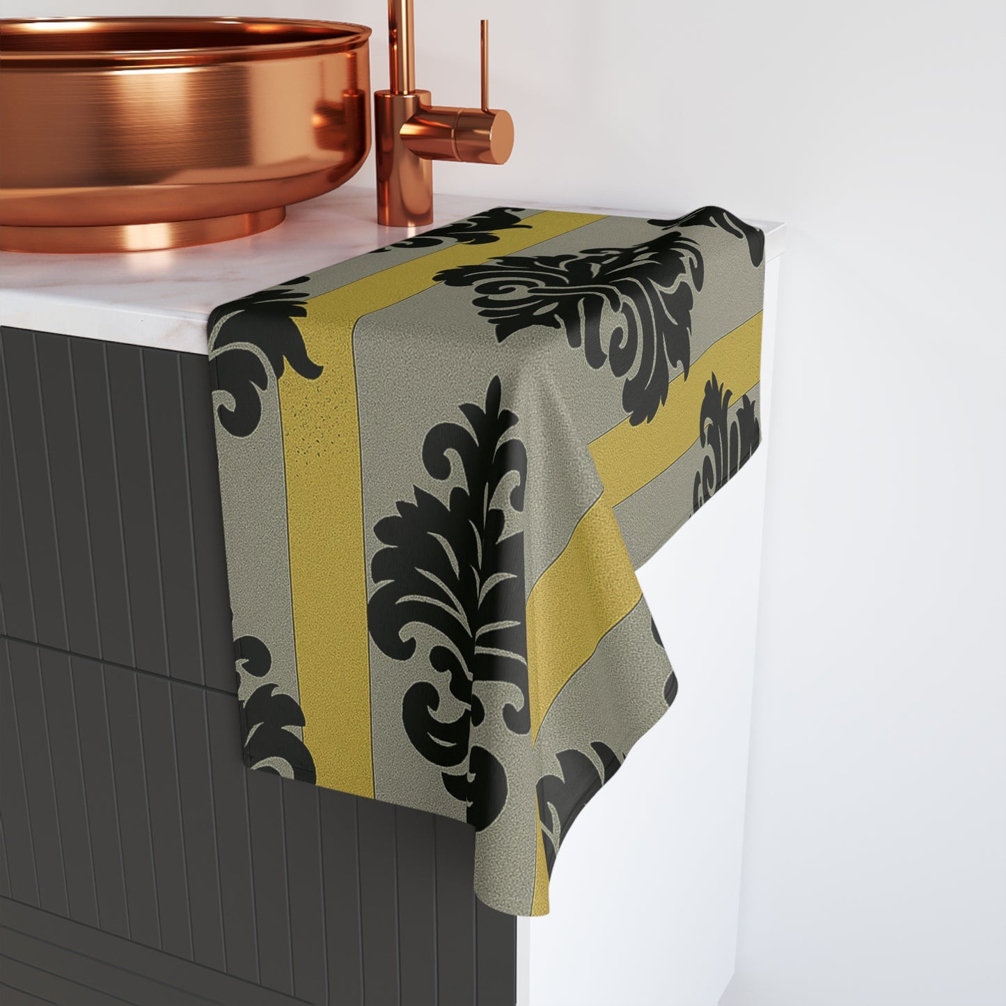 Elegant Baroque Hand Towel, Stylish Bathroom Decor, Kitchen Accessory, Gift for Housewarming, Holiday Parties - Silver & Gold Striped Black Baroque