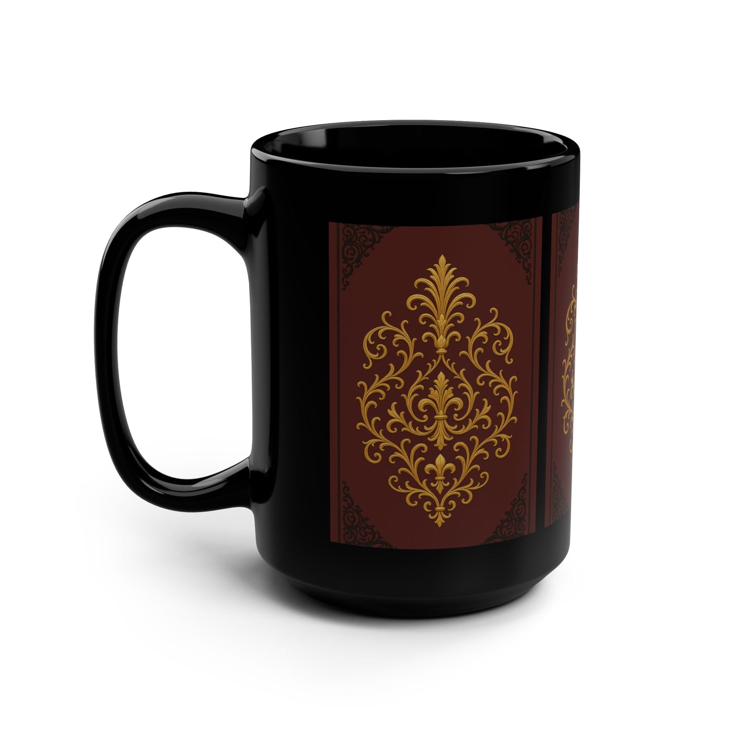 Dusk Burgundy-Black & Gold Baroque Coffee Mug — 15oz Black Ceramic Elegant Vintage Pattern