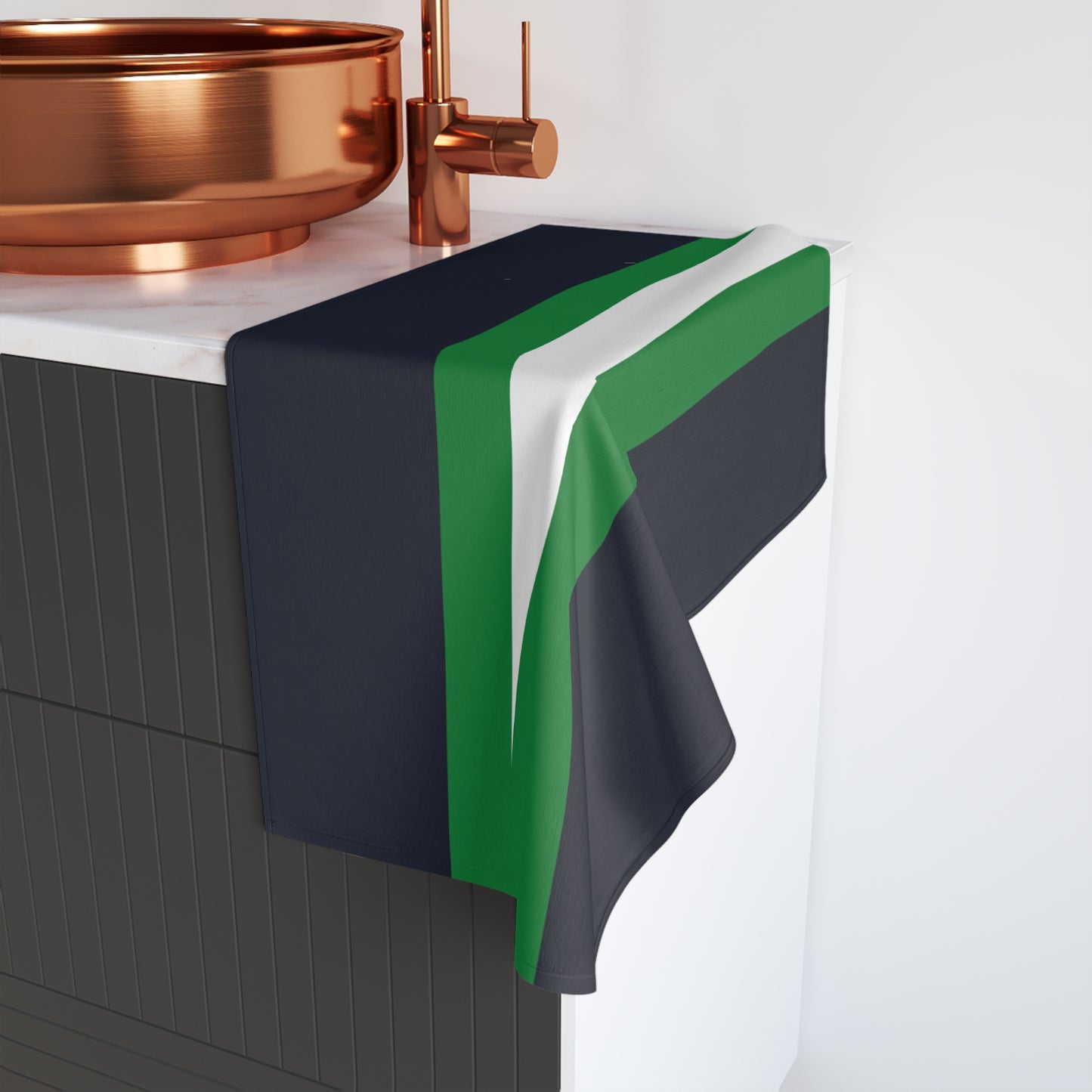 Lunar Midnight & Green-White Striped Hand Towel, Stylish Kitchen Towel, Modern Bathroom Décor, Perfect Gift for Housewarming