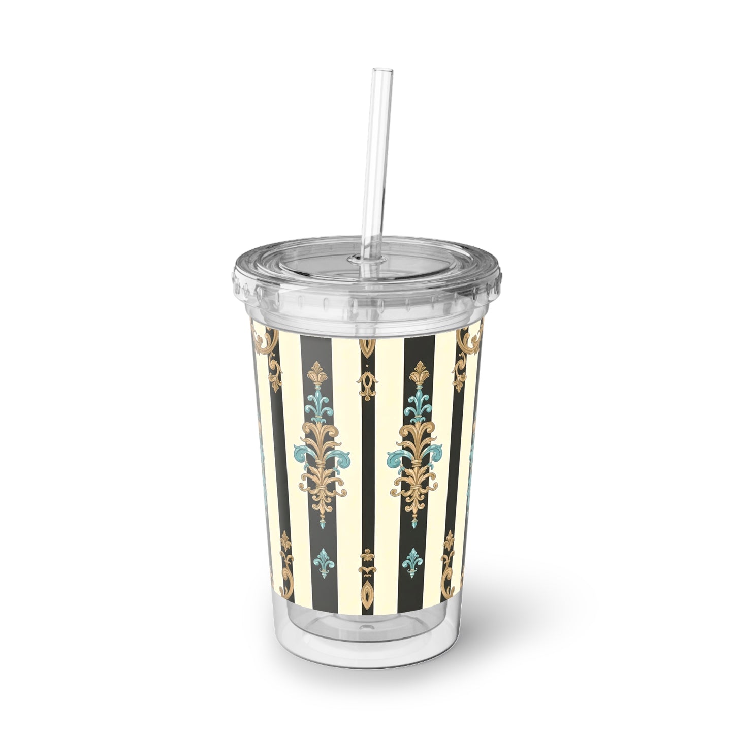 Elegant Insulated Acrylic Cup with Stripes, Stylish Travel Mug, Decorative Drink Container - Black Striped Turquoise & Black Rococo