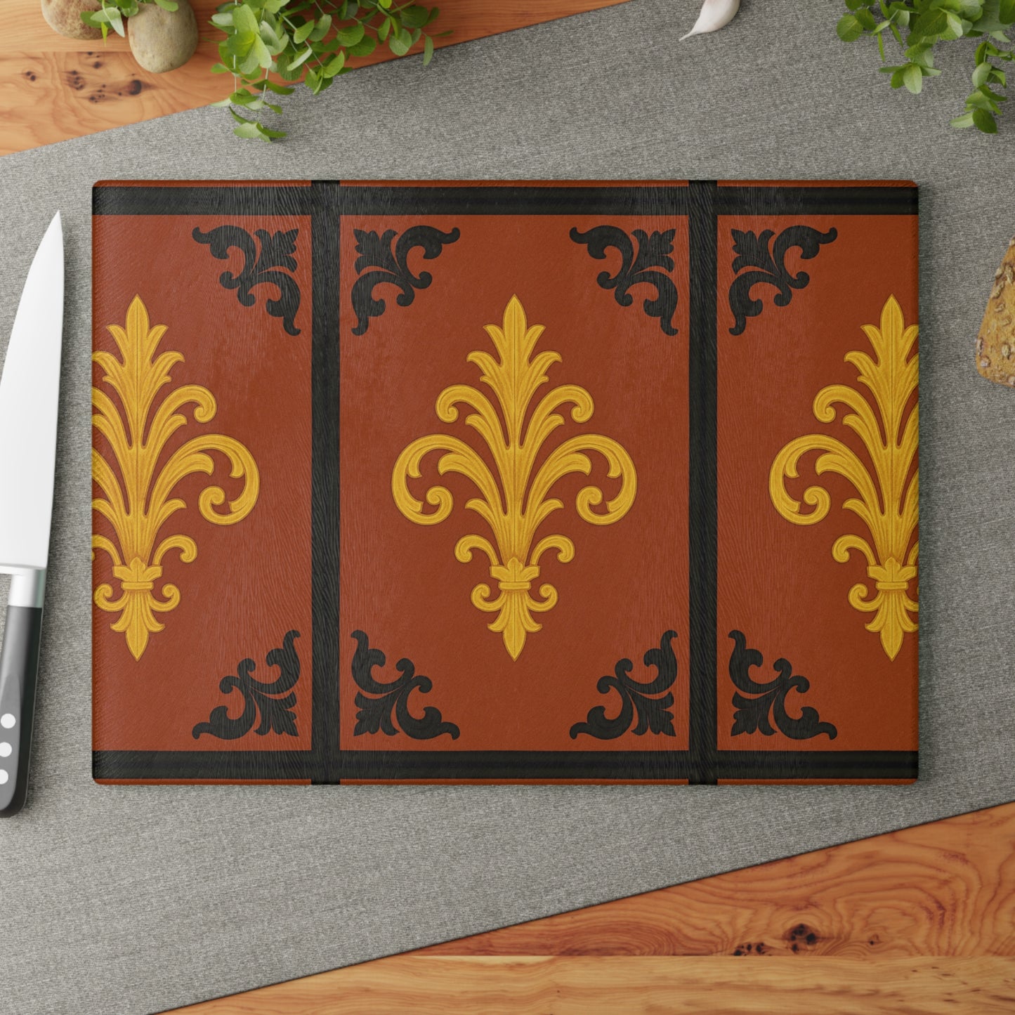 Dusk Terracotta Baroque Glass Cutting Board with Ornate Gold Baroque Design — Decorative Kitchen Serving Board