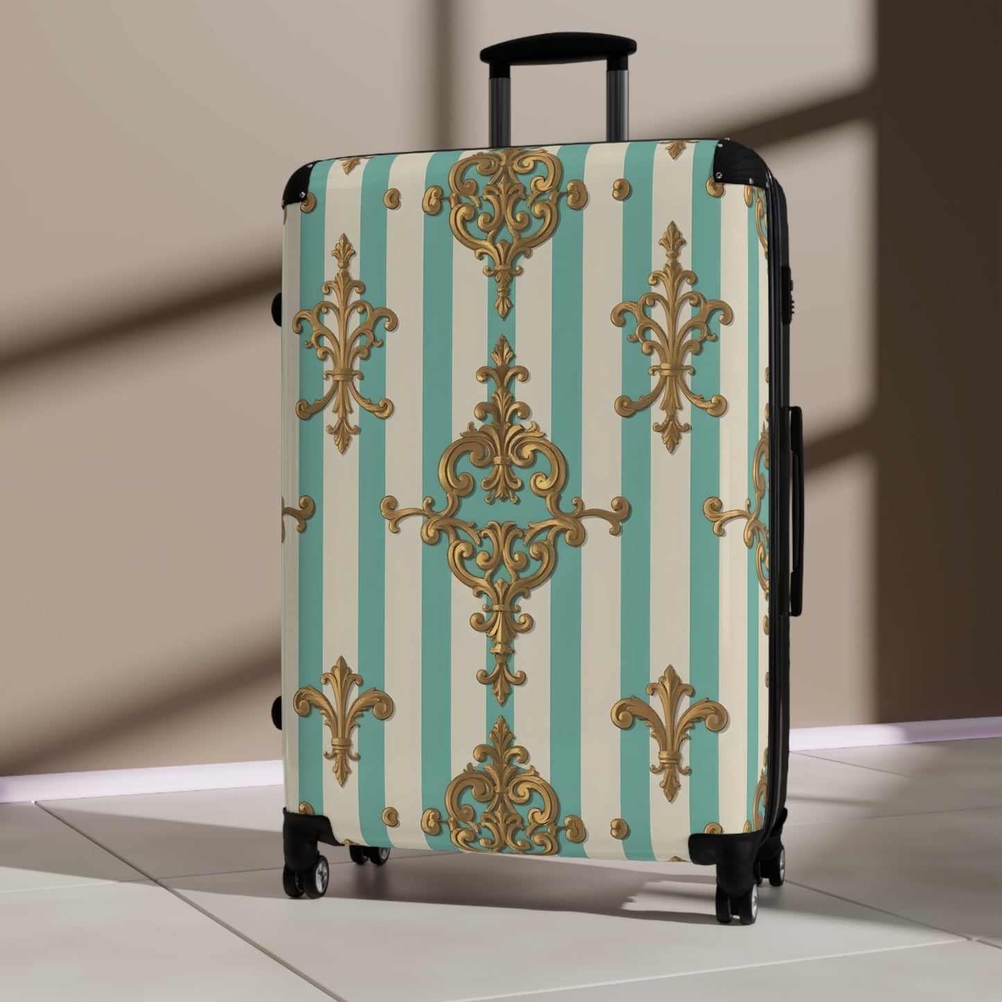 Chic Travel Suitcase, Stylish Luggage, Travel Accessory, Vintage Design Bag, Perfect for Vacation - Matte Green Striped Rococo